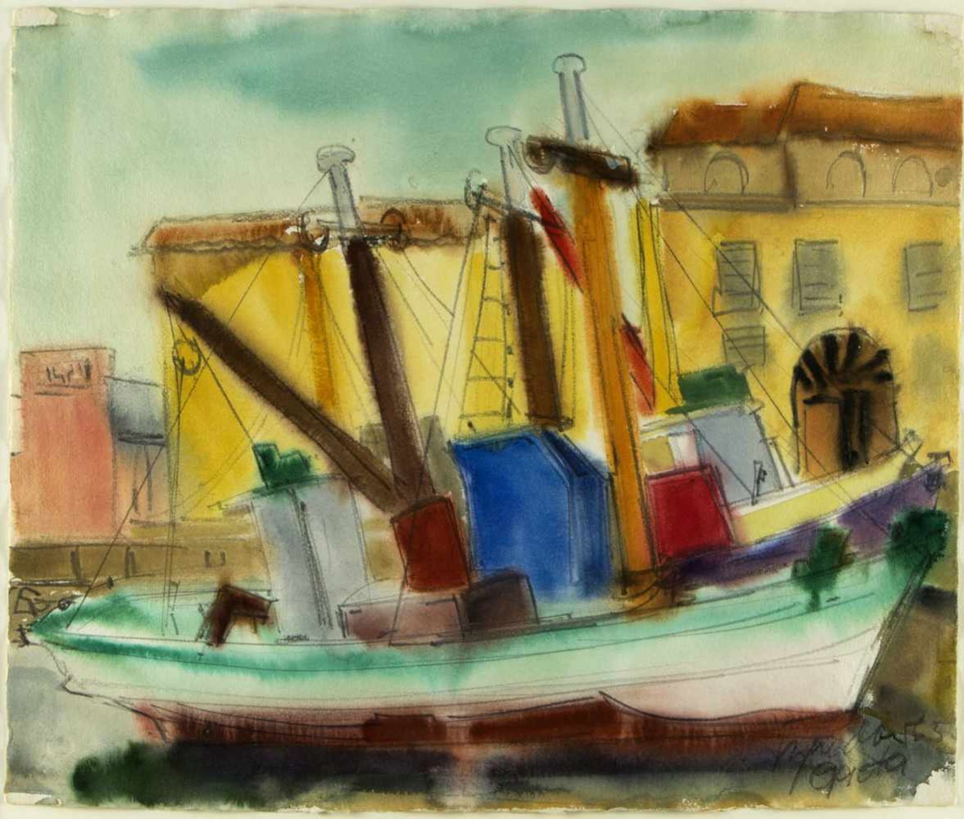 Bredow, Rudolph. 1909 - 1973Fischerboote im Hafen. Aquarell über Bleistift. Sign. und dat. (19)65.