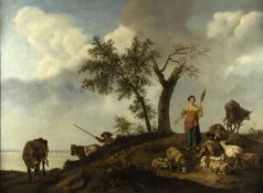 Mommers, Hendrick. Um 1623 Haarlem - Amsterdam 1693Hirten mit ihrer Herde an einem Ufer. Öl/Lwd.,