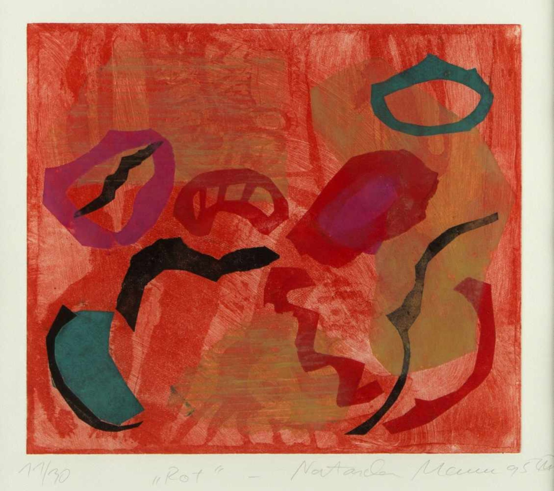 Mann, Natascha u.a.Kompositionen in Rot. 1 Farbholzschnitt. 1 Farbradierung. Sign. Bis 34 x 39,5 - Bild 2 aus 5