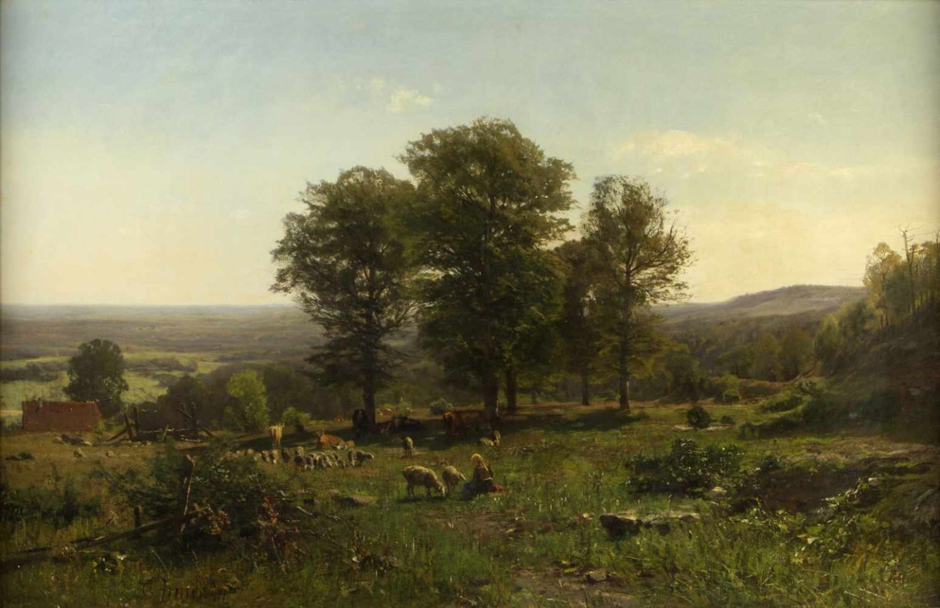 Irmer, Carl. 1834 Babitz - Düsseldorf 1900Herbstliche weite Landschaft mit Hirtin mit Schafen und