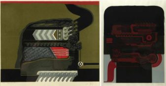 Geiger, C.Abstrahierte mechanische Darstellungen. 2 Farbserigraphien. Sign. Bis 60 x 47 cm.