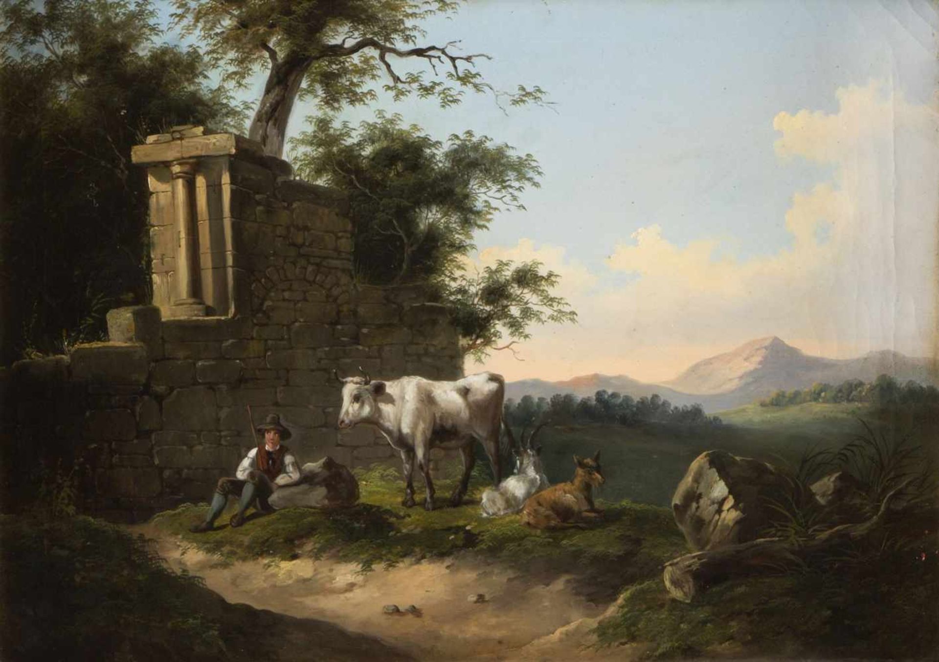 Südtirol, um 1900Junger Hirte mit einer Kuh und Ziegen in einer weiten Landschaft. Öl/Lwd. 42,5 x 48