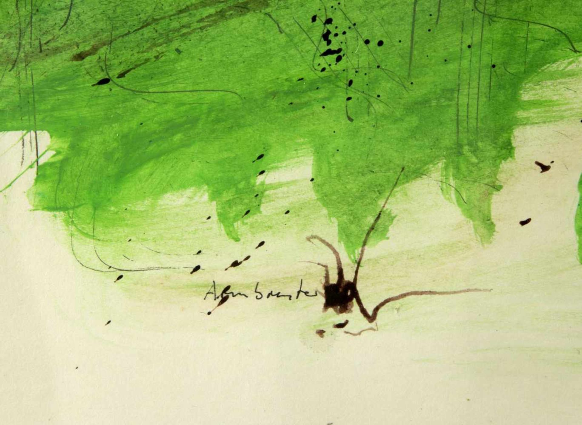 ArmbrusterAbstrahierte Figuren in einer grünen Landschaft. Aquarell und Tusche. Sign. 58 x 87 cm. - Bild 2 aus 2