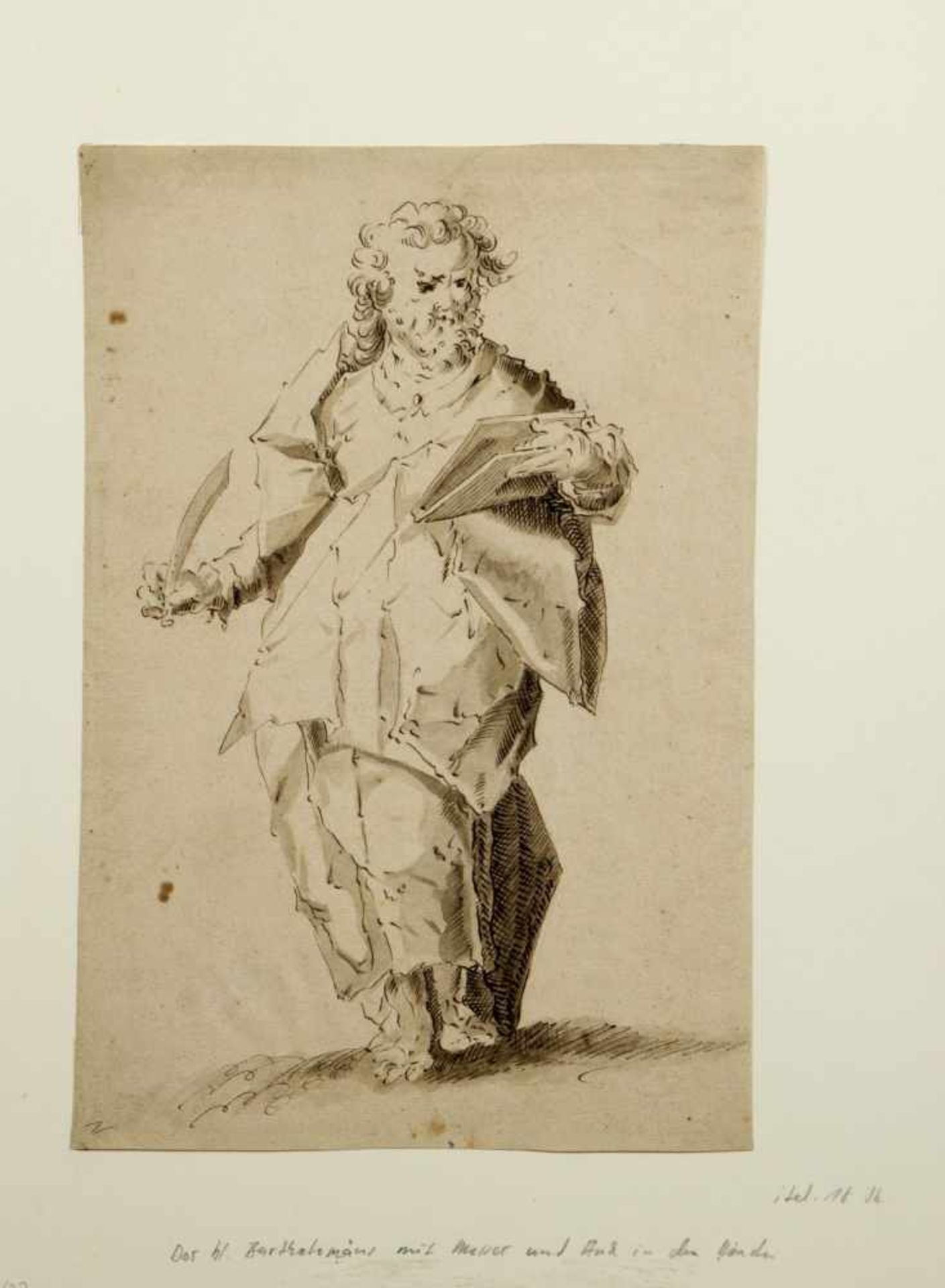 Italien, 18. Jh.Der heilige Bartholomäus. Lavierte Tuschfederzeichn. 28 x 18,5 cm.