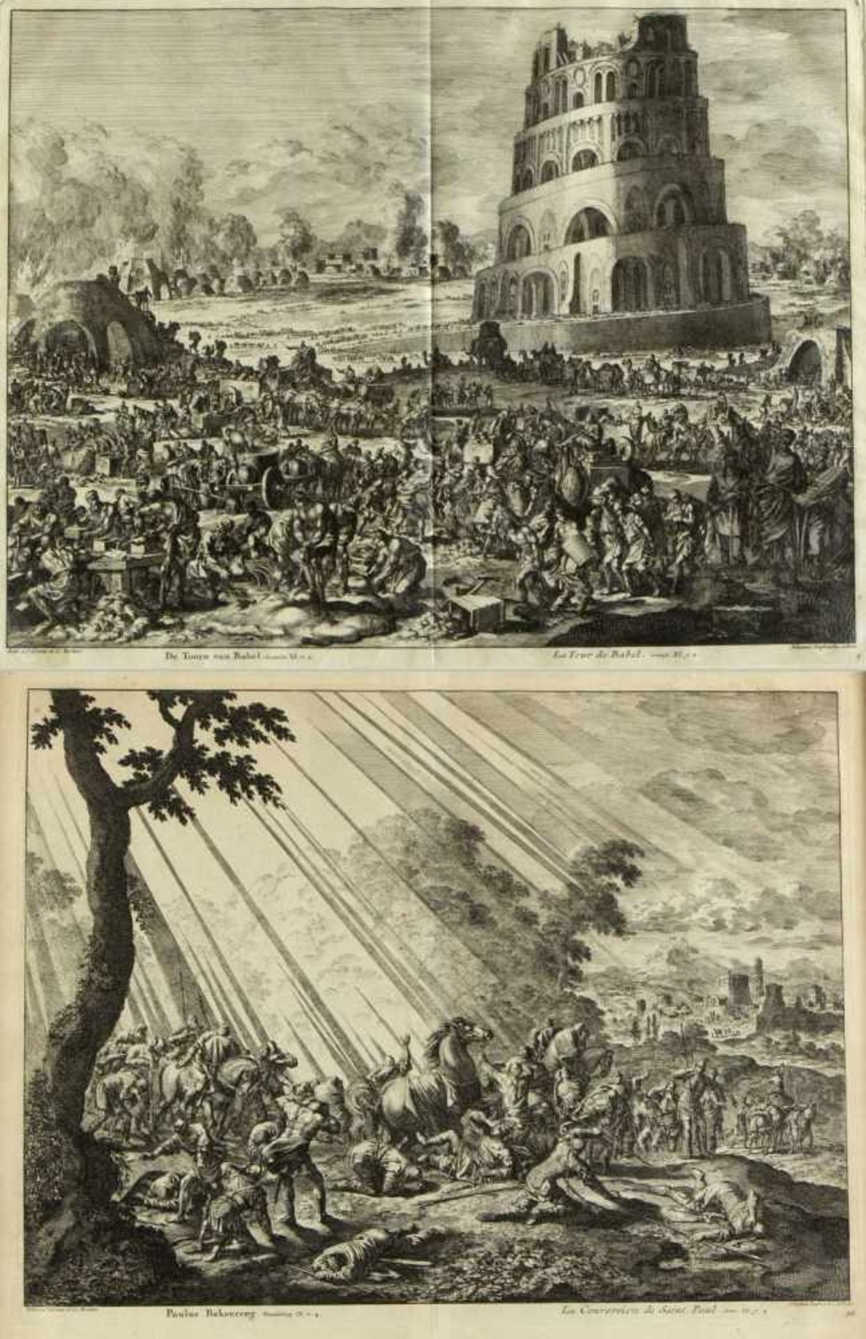 Luyken, JohannesLa Tour de Babel. La conversation de Sainte Paul. 2 Radierungen. Bis 34 x 44 cm.