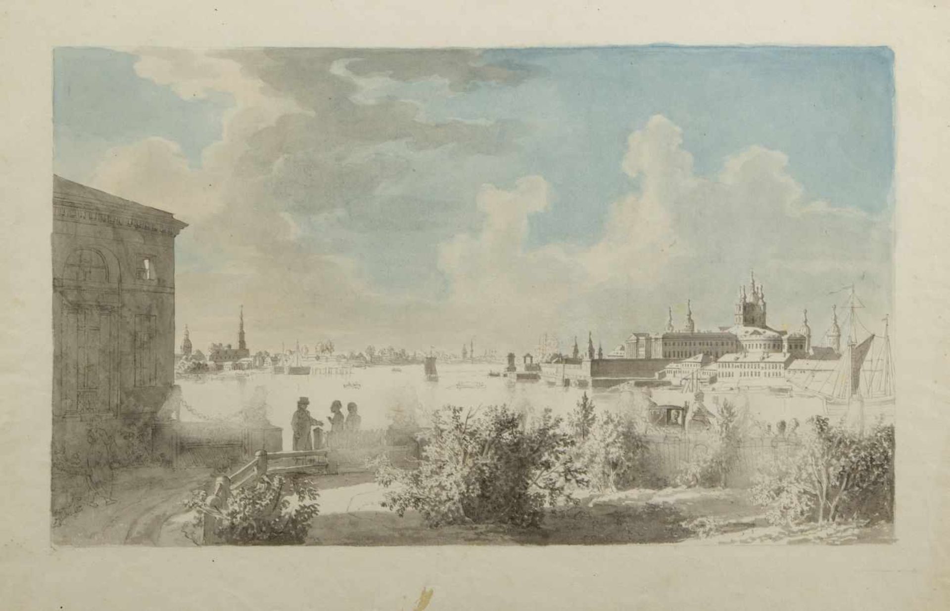 Russland, 19. Jh.Ansicht von Sankt Petersburg mit Wassiljew Insel. Aquarell und Tuschfeder. 25 x