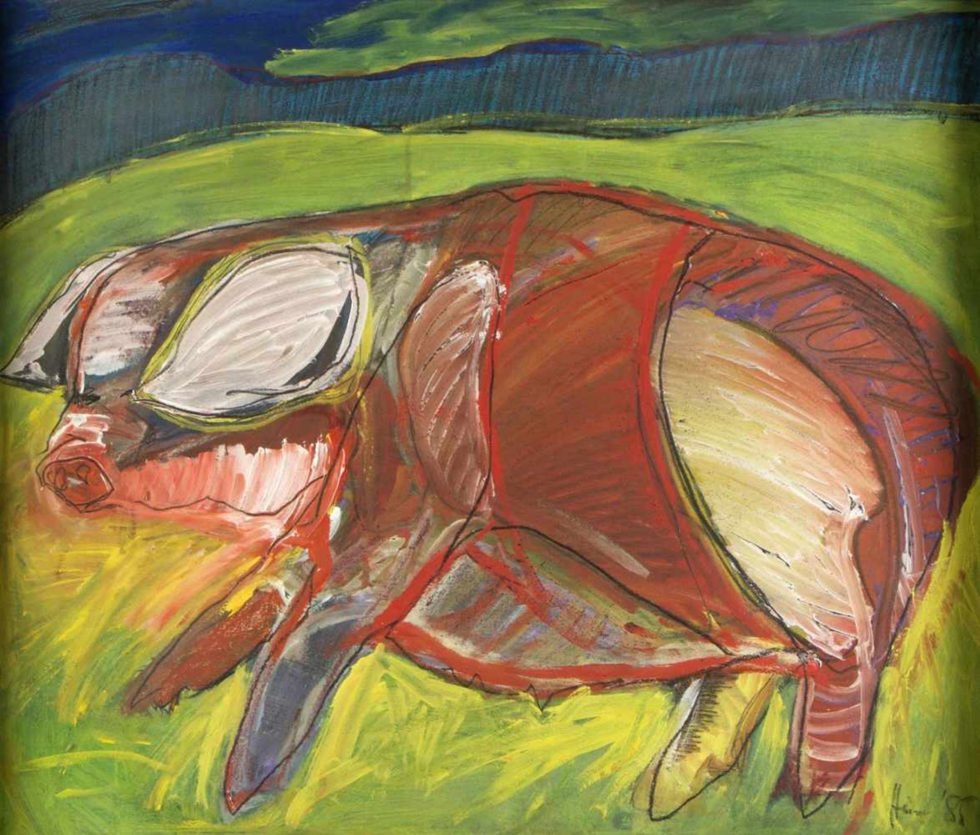 HeimRotes Schwein auf grüner Wiese. Mischtechn. Sign. 66 x 78 cm.