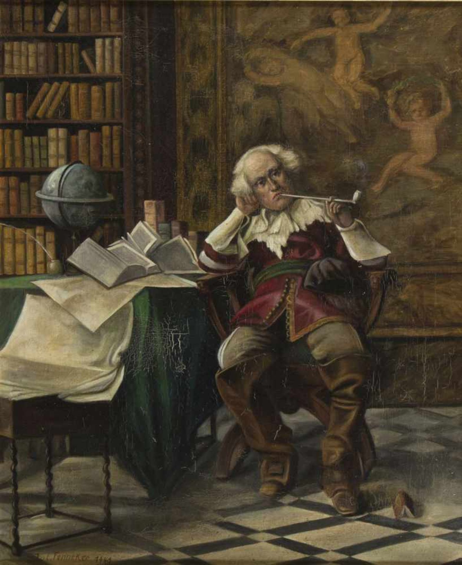 Fenneker, JuliusNachdenklicher Mann in einer Bibliothek. Öl/Lwd. Sign. und dat. 1941. 66,5 x 55