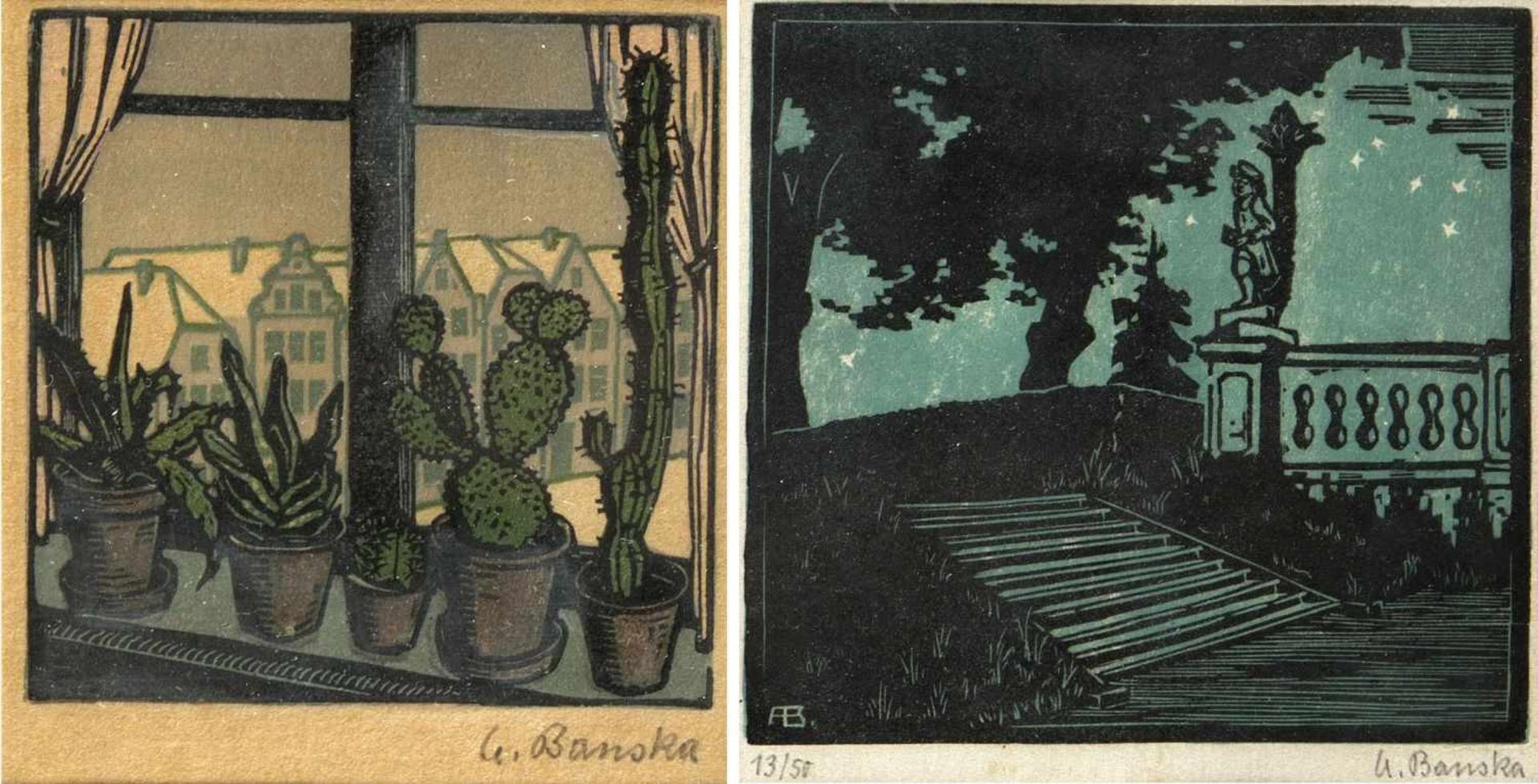 Banska, AlbertKakteen im Fenster. Parktreppe. 2 Farbholzschnitte. Sign. Bis 11,5 x 12,5 cm.