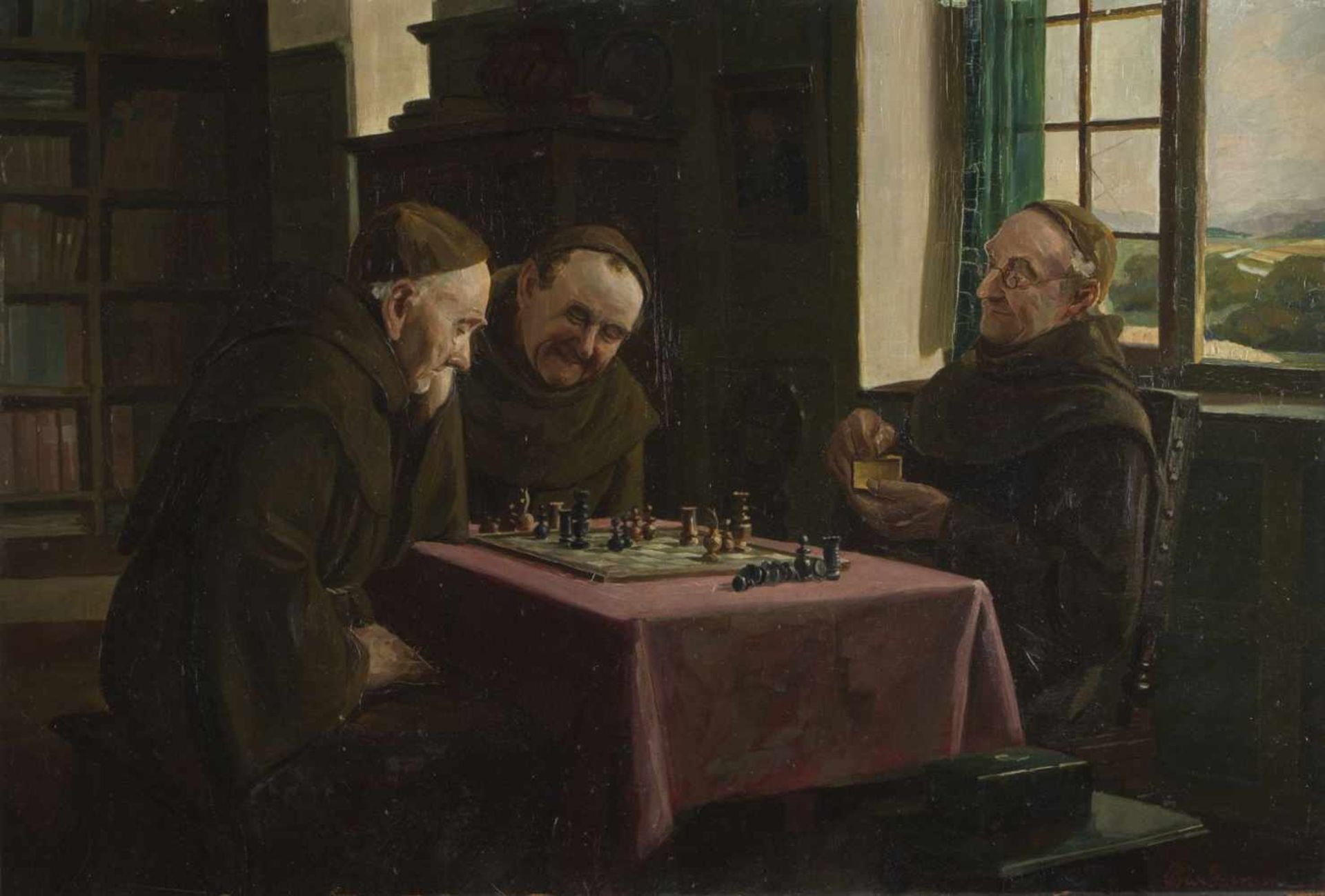 Bernlöhr, Otto. 1887 - Stuttgart - 1943Drei Mönche beim Schachspielen. Öl/Holz. Sign. 50,5 x 72,5