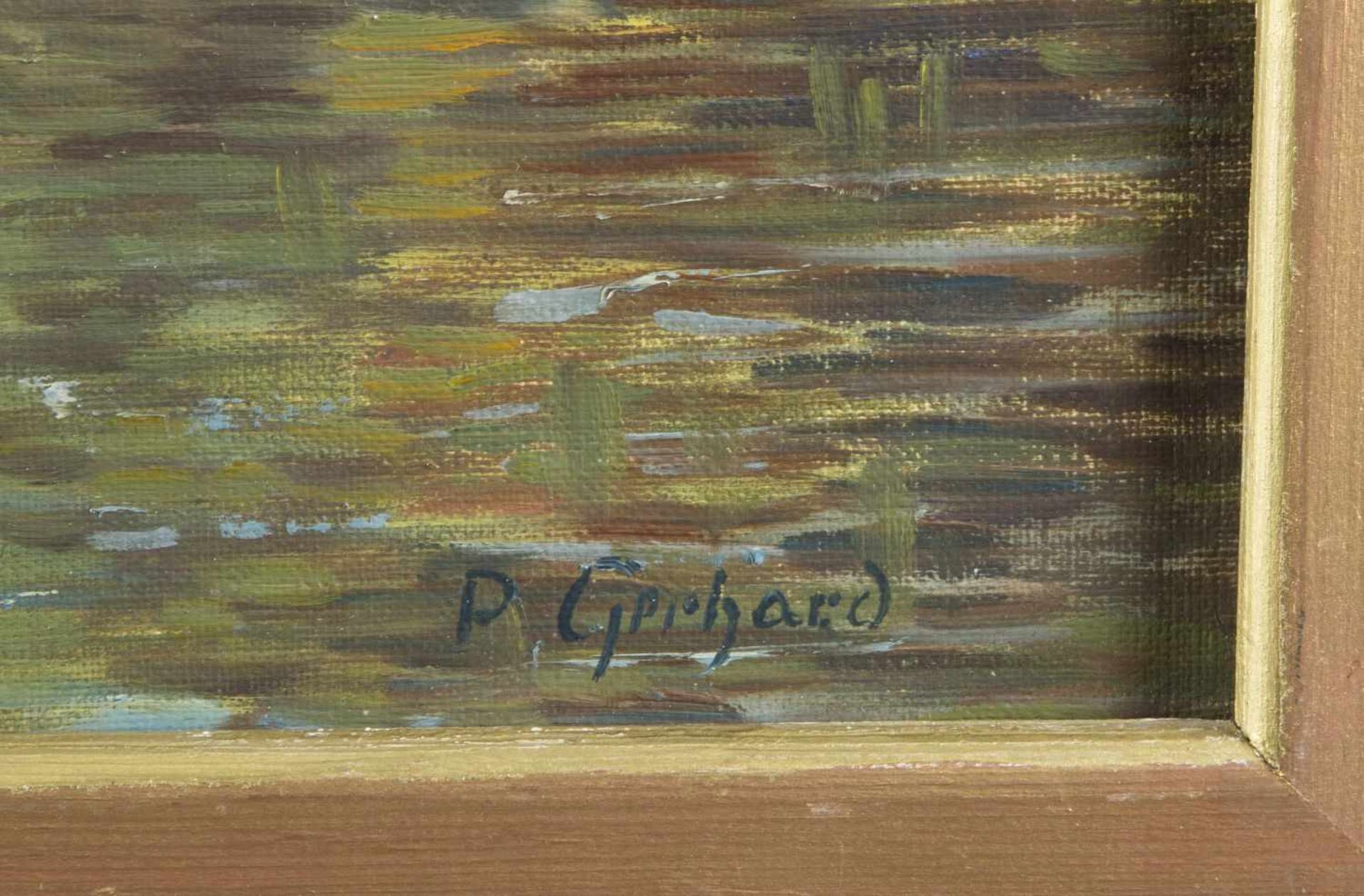 Gerhard, PaulAnsichten eines Dorfes an einem See. 2 Gem. Öl/Lwd. Sign. Bis 45,5 x 55,5 cm. Gerahmt. - Bild 6 aus 7