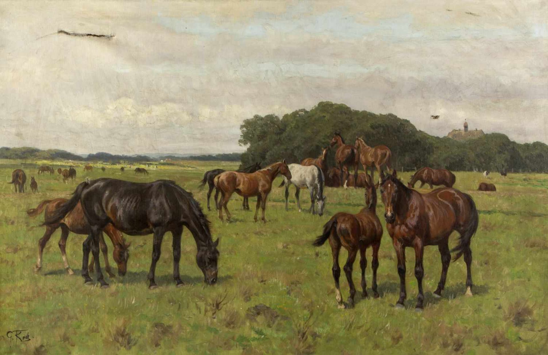 Koch, Karl Georg. 1857 BerlinPferde auf der Weide. Öl/Lwd. Sign. 65 x 100 cm. Gerahmt. Mit einem