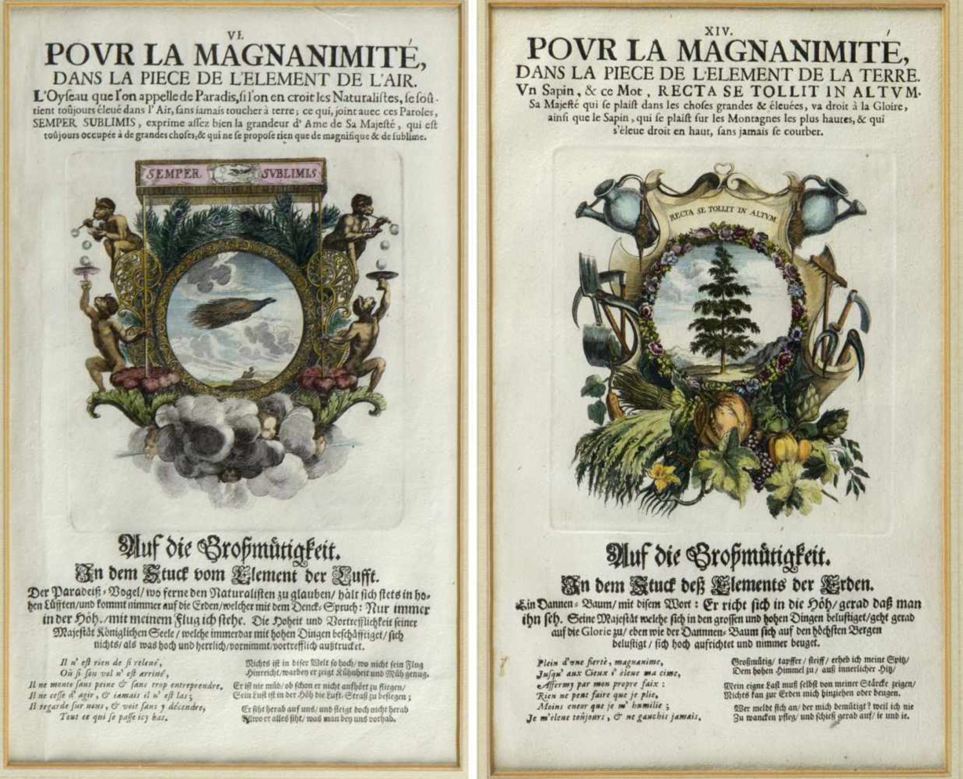 Deutsch, 18. Jh.Gottseligkeit. Gütigkeit. Großmütigkeit u.a. 5 Radierungen. Bis 30,5 x 23,5