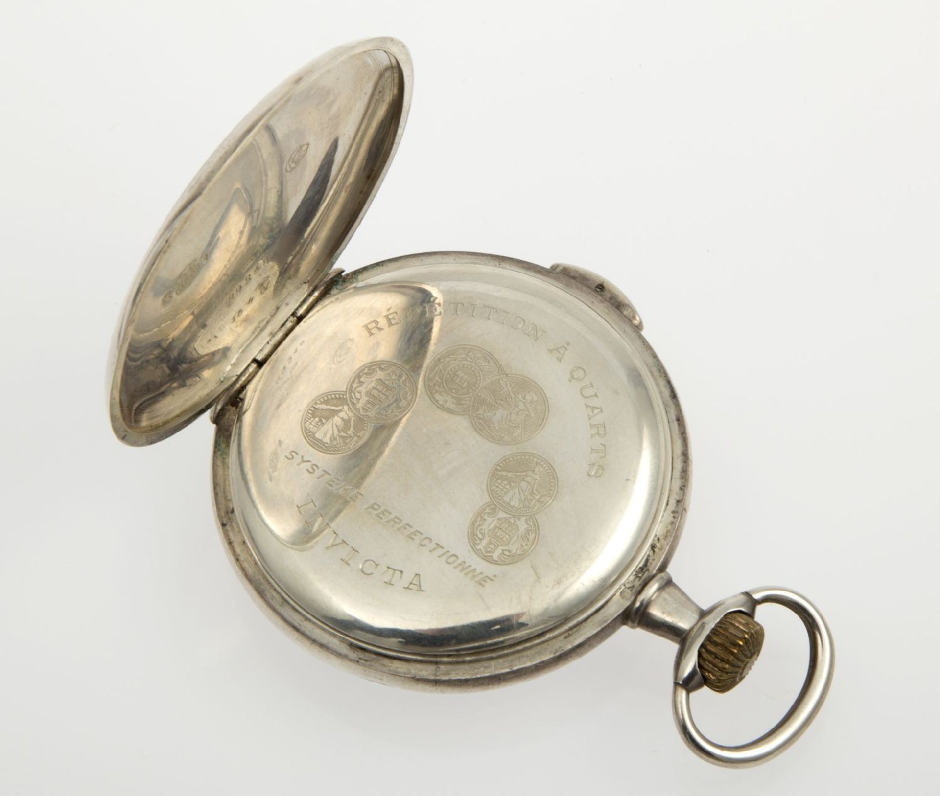 Invicta-Taschenuhr mit ViertelrepetitionGehäuse und Cuvette aus Silber 875. Emailzifferblatt mit - Bild 3 aus 3