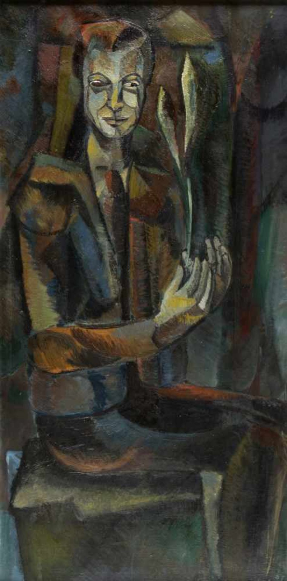HeimoSitzender Mann mit einer Pflanze in der Hand. Öl/Lwd. Sign. und dat. (19)57. 110 x 54,5 cm.