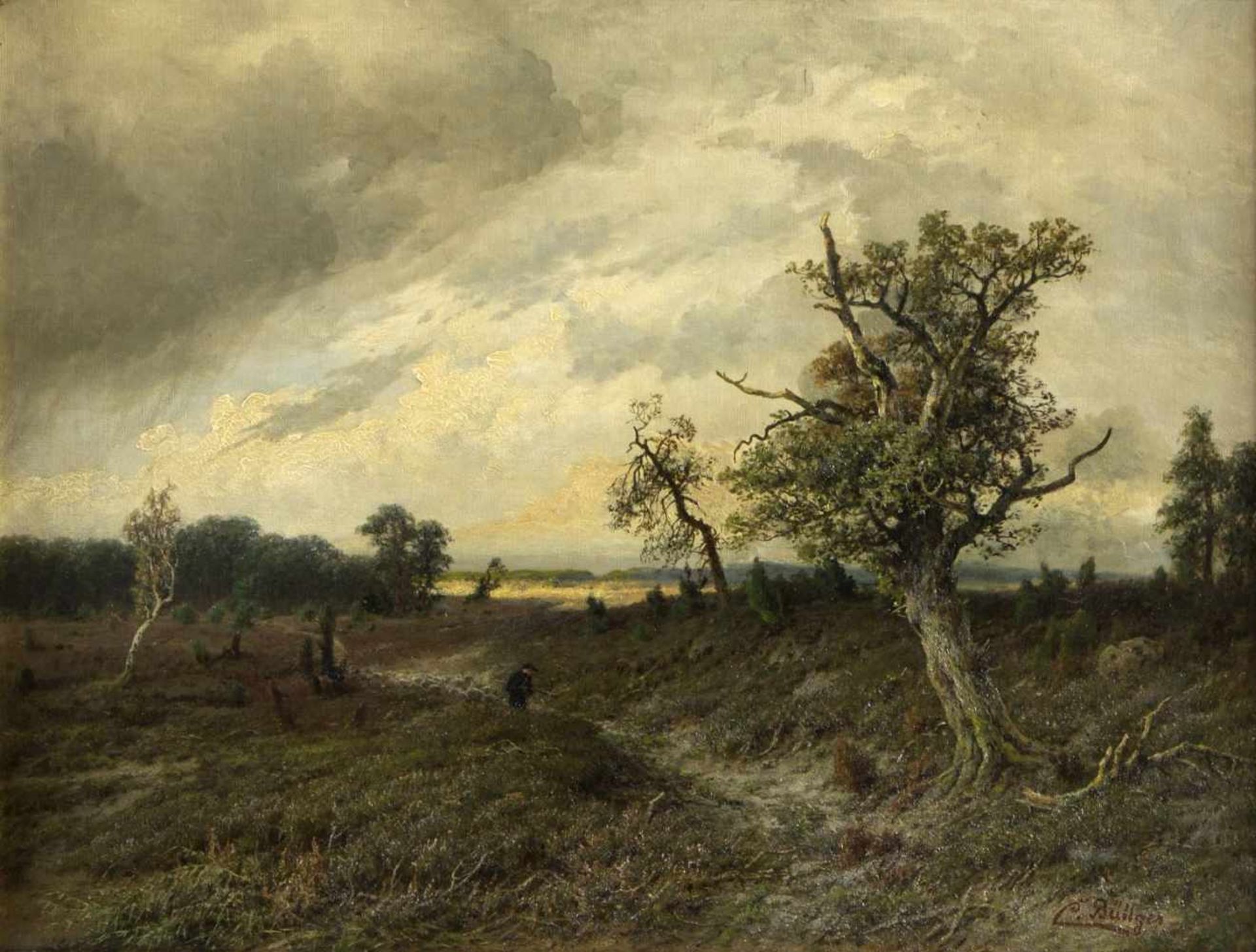 Büttger, Carl. 1838 Freden - Holzminden 1919Weite Landschaft mit einem Wanderer. Öl/Lwd. Sign. 61