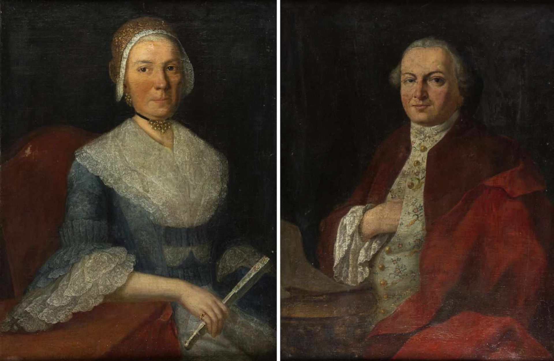 Deutsch, um 1800Portraits einer Dame und eines Herren. 2 Gem. Öl/Lwd. 83 x 64 cm. Gerahmt. Kleine