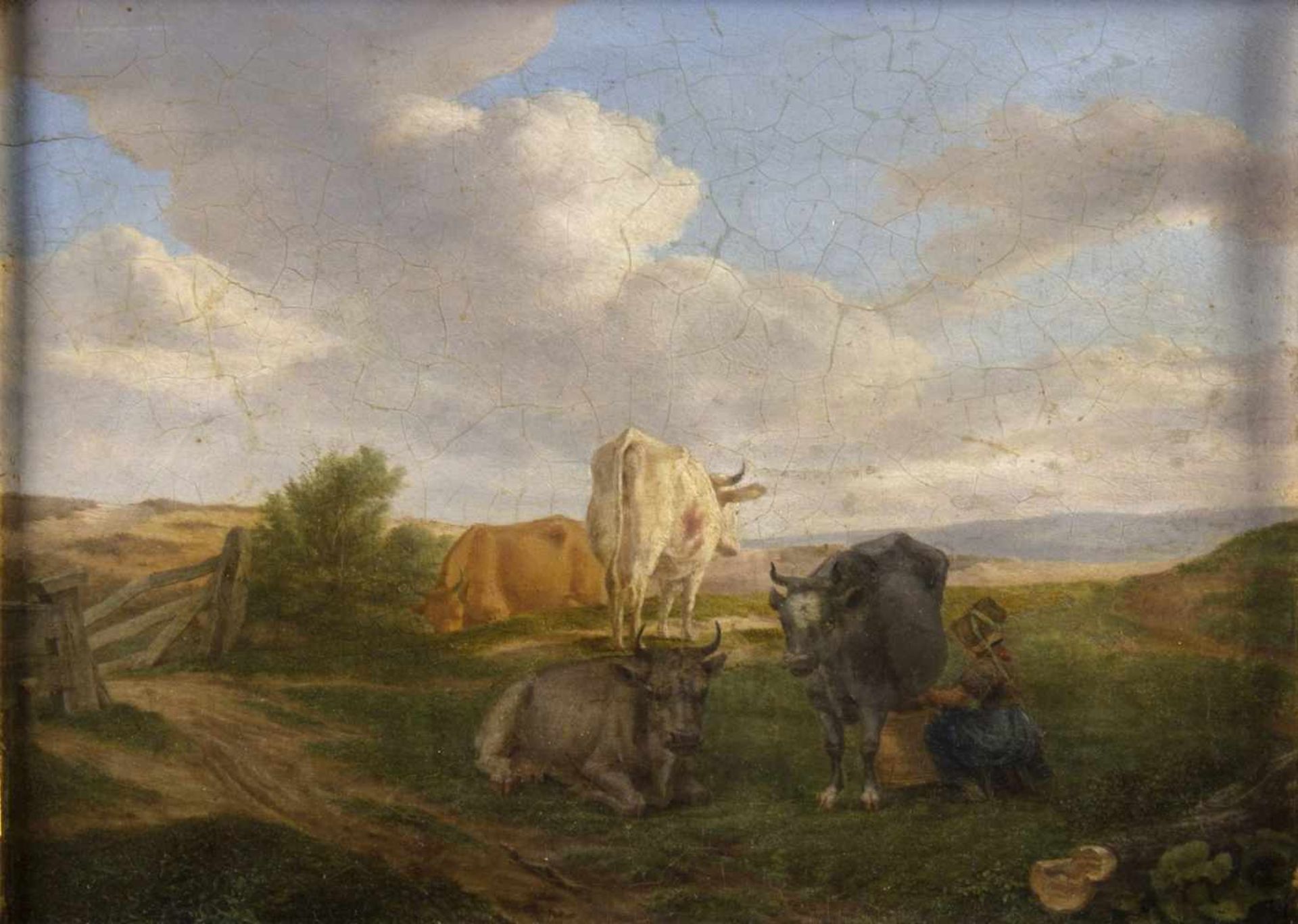 Niederlande, 18. Jh.Landschaft mit Kühen und einer Bäuerin. Öl/Holz. 22 x 29 cm. Gerahmt.- - -27.