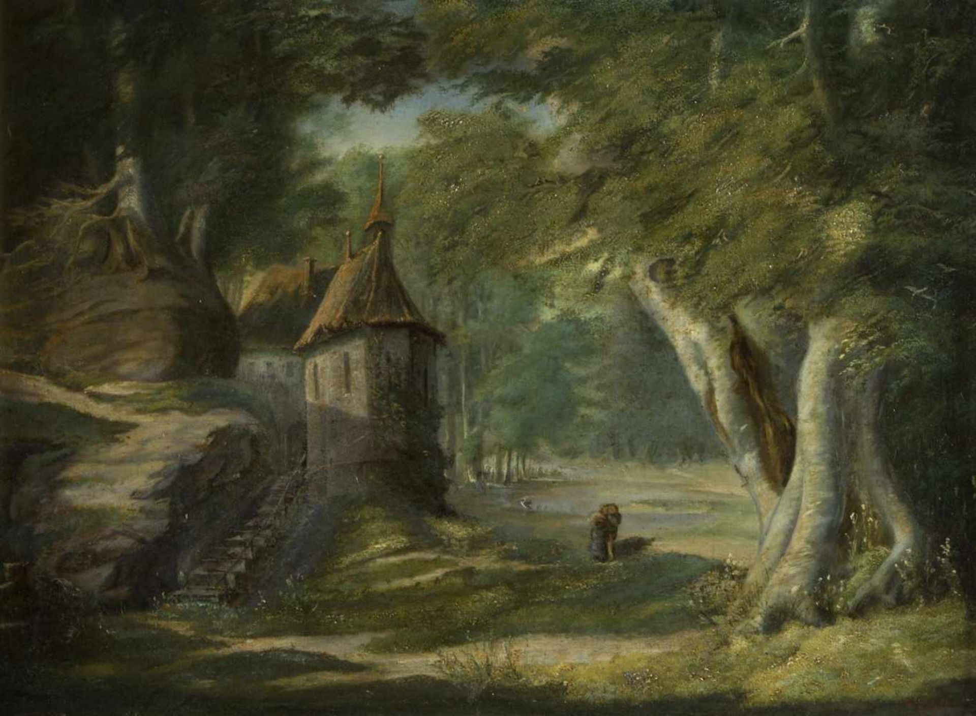 WaldenfelsEin Paar an einem kleinen Häuschen in einem Wald. Öl/Lwd. Sign. und dat. 1858. 56 x 75,5