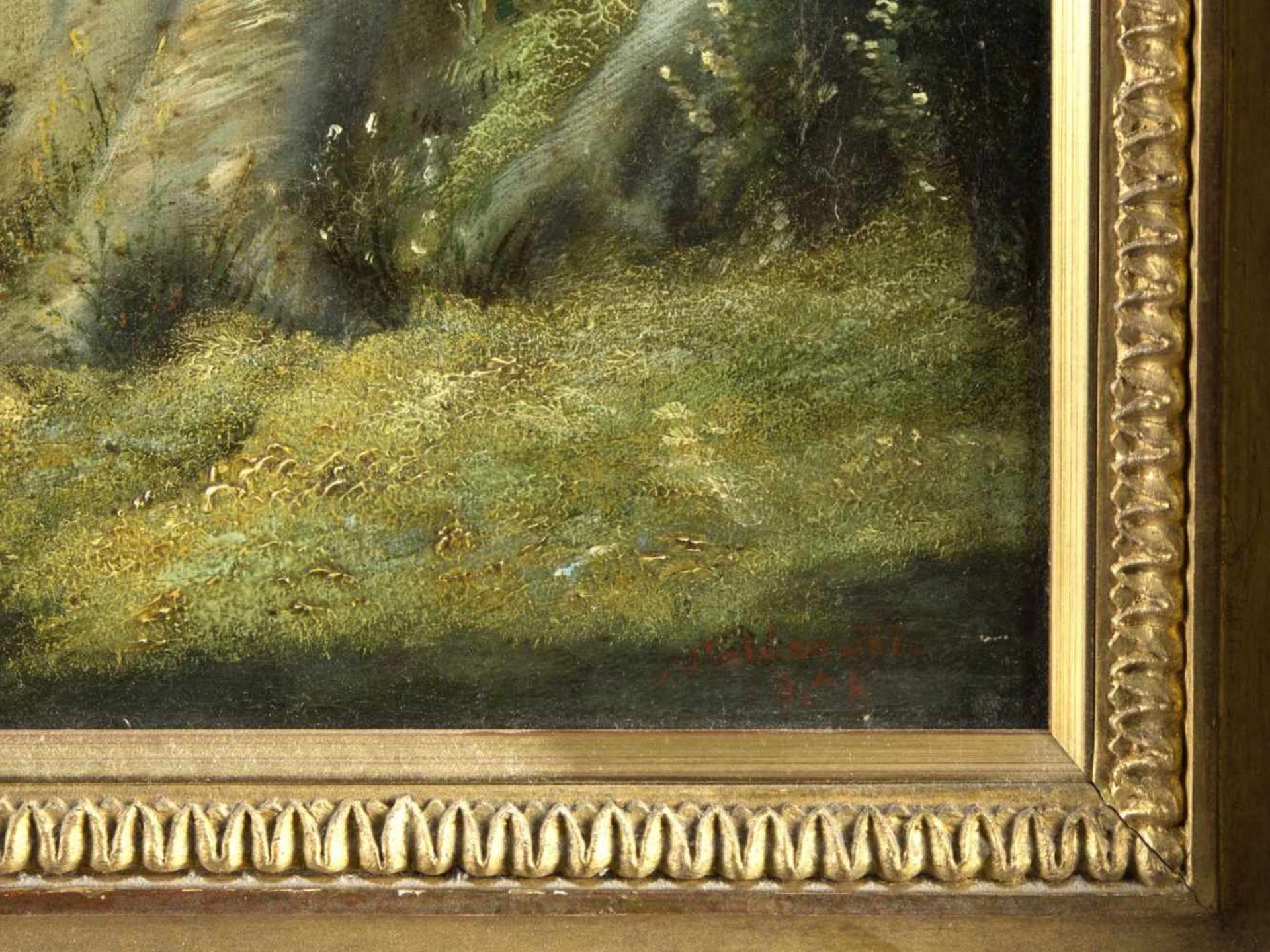 WaldenfelsEin Paar an einem kleinen Häuschen in einem Wald. Öl/Lwd. Sign. und dat. 1858. 56 x 75,5 - Bild 2 aus 4