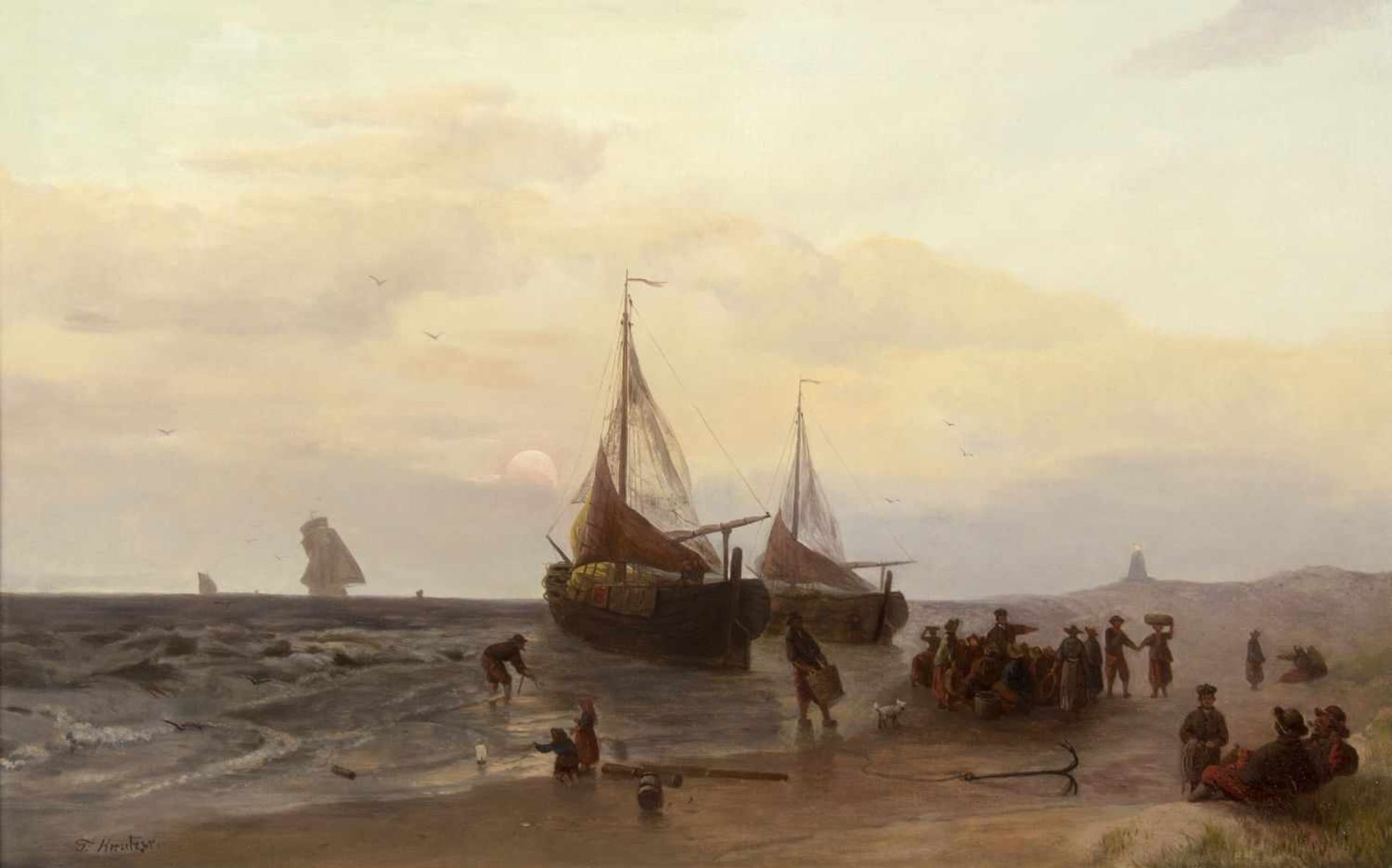 Kreutzer, F.Hafenszene mit Fischerbooten bei Sonnenaufgang. Öl/Lwd., doubliert. Bez. 53 x 82 cm. - Bild 2 aus 4