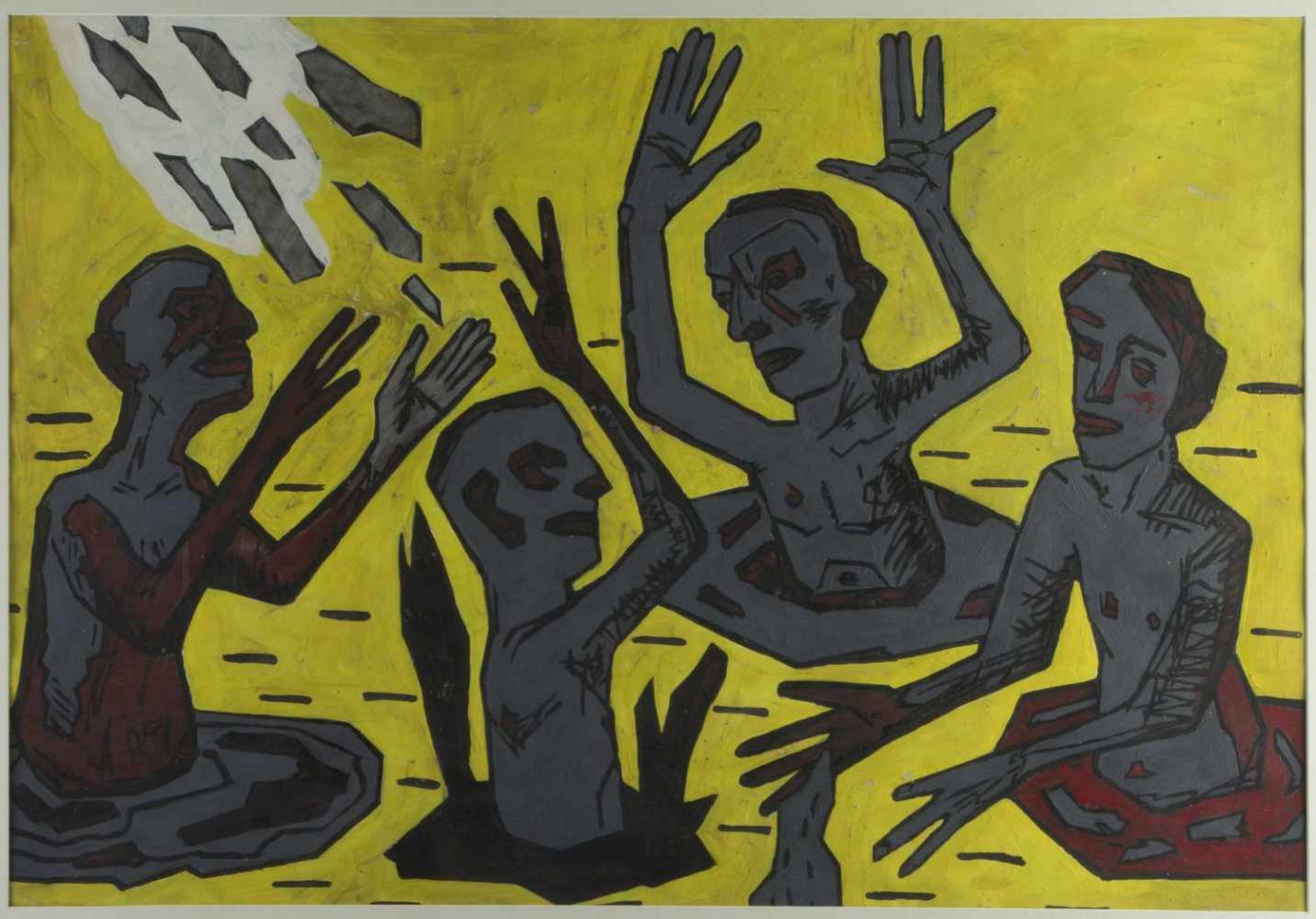 Smy, Wolfgang. 1952 DresdenMänner zanken sich. Acryl. 70 x 100 cm. Verso auf einem Aufkleber