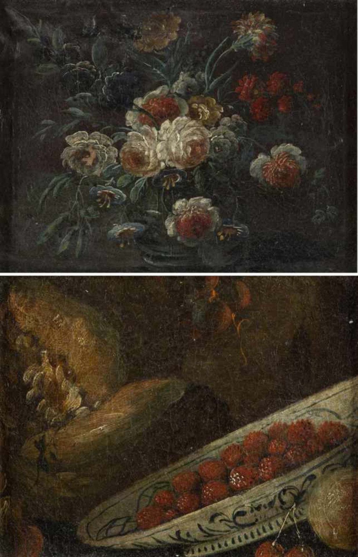 Deutsch, 18. und 19. Jh.Stillleben mit Blumen und Beeren. 2 Gem. Öl/Lwd. bzw. Karton. Bis 20,5 x