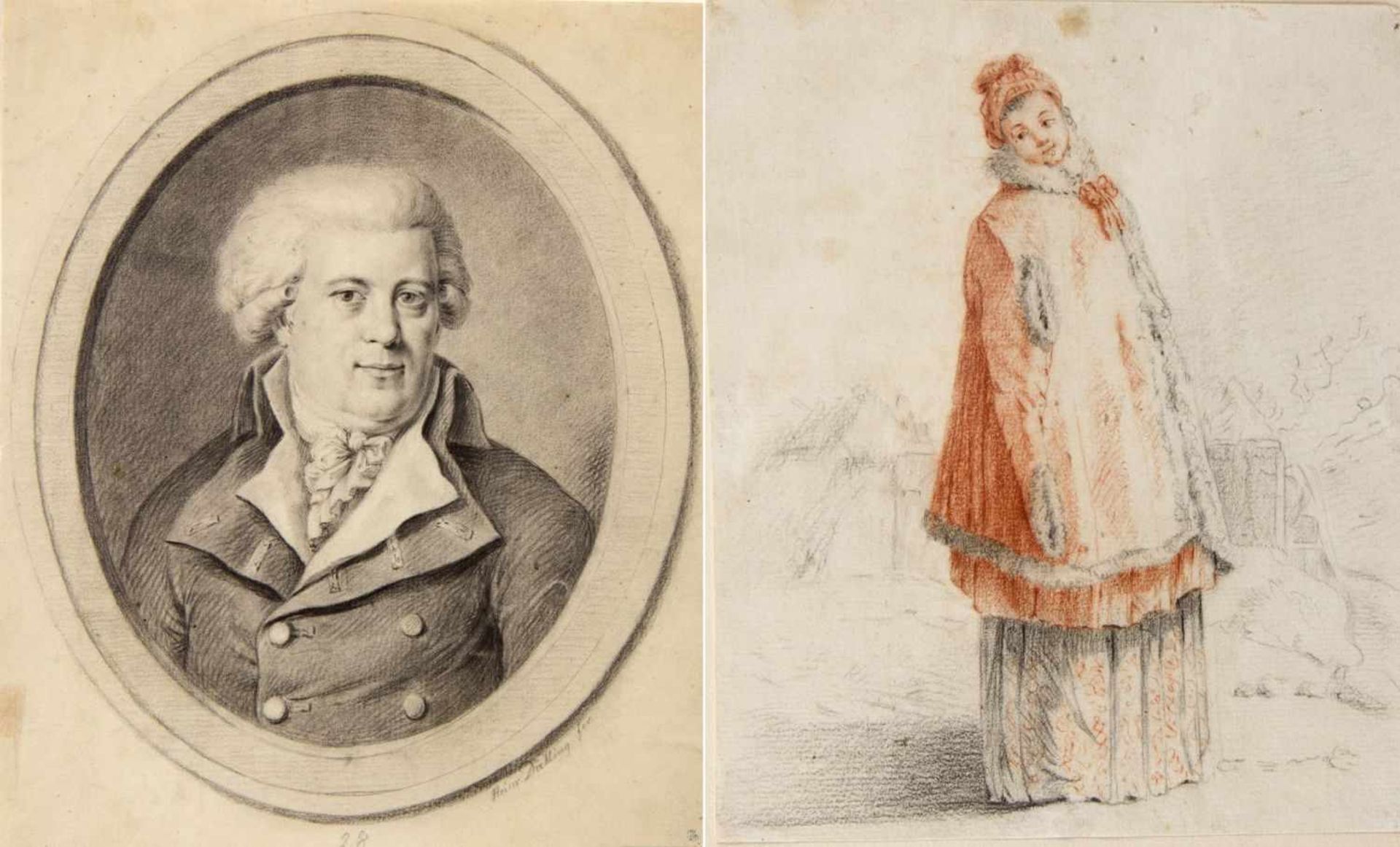Frankreich und Deutschland, 19. Jh.Stehende junge Frau in Winterkleidung. Brustbild eines Herren.
