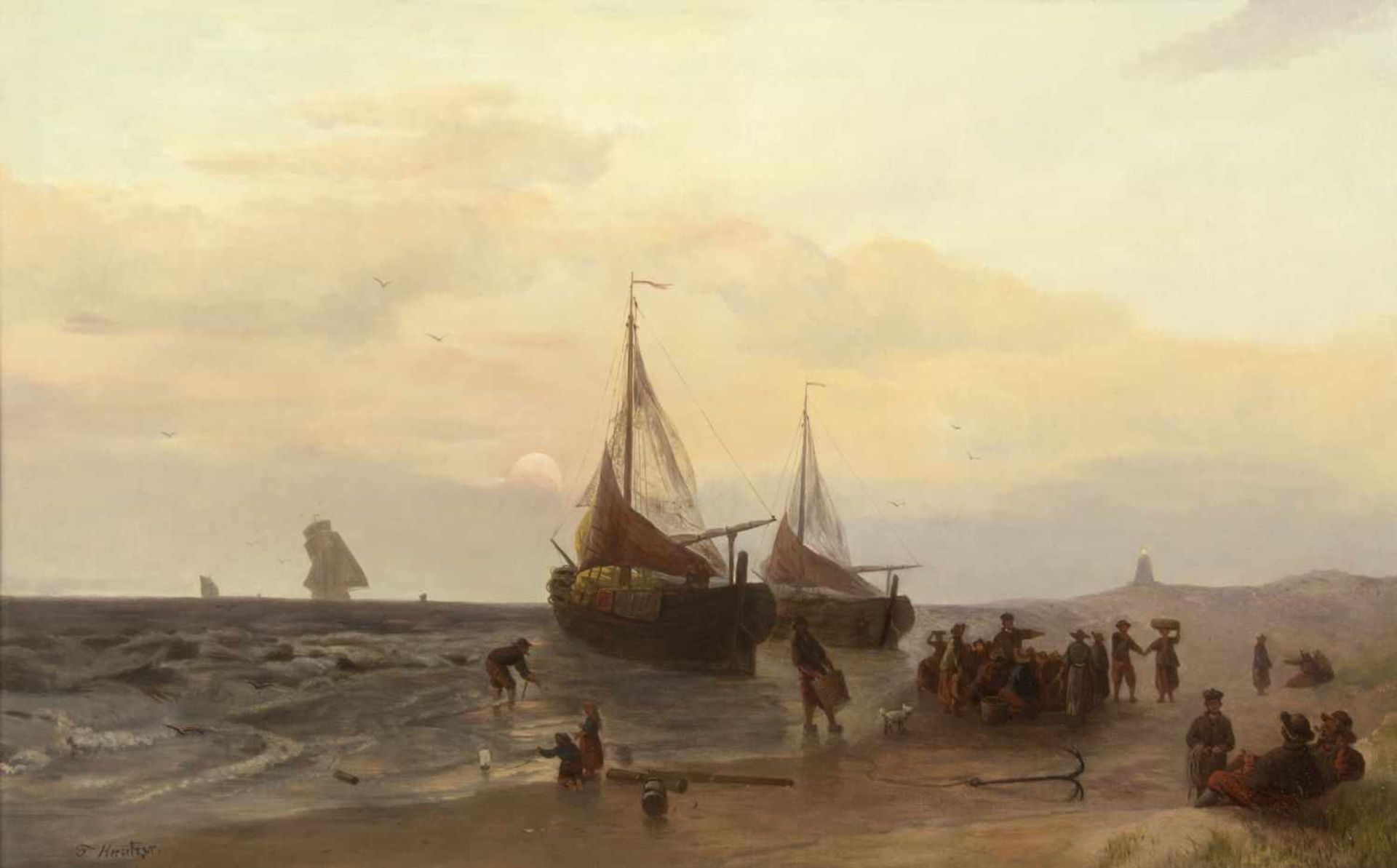 Kreutzer, F.Hafenszene mit Fischerbooten bei Sonnenaufgang. Öl/Lwd., doubliert. Bez. 53 x 82 cm.