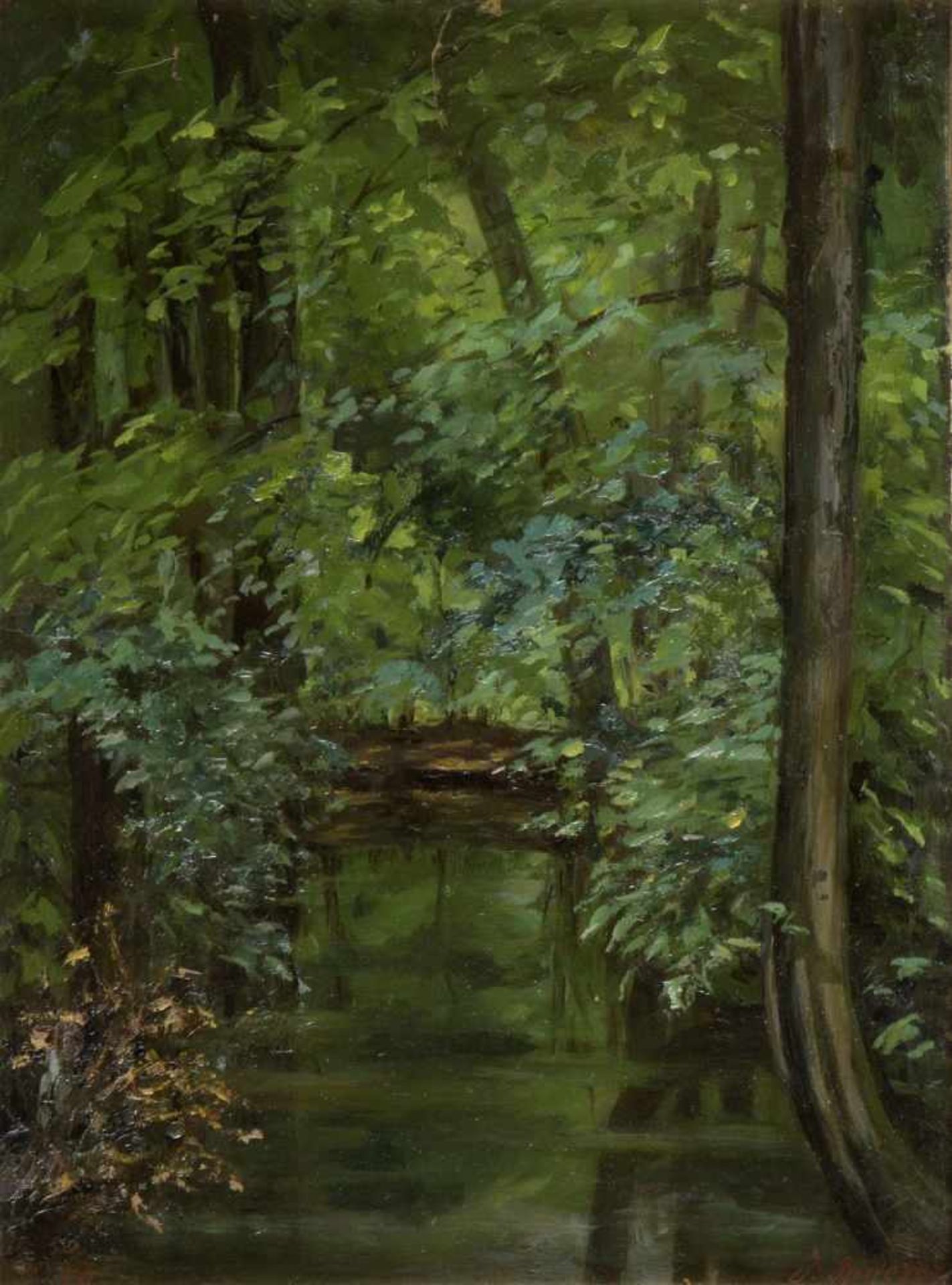 Spoerer, J.Weiher in einem Wald. Öl/Karton. Sign. und dat. (18)96. 31,5 x 23,5 cm. Gerahmt.- - -27.