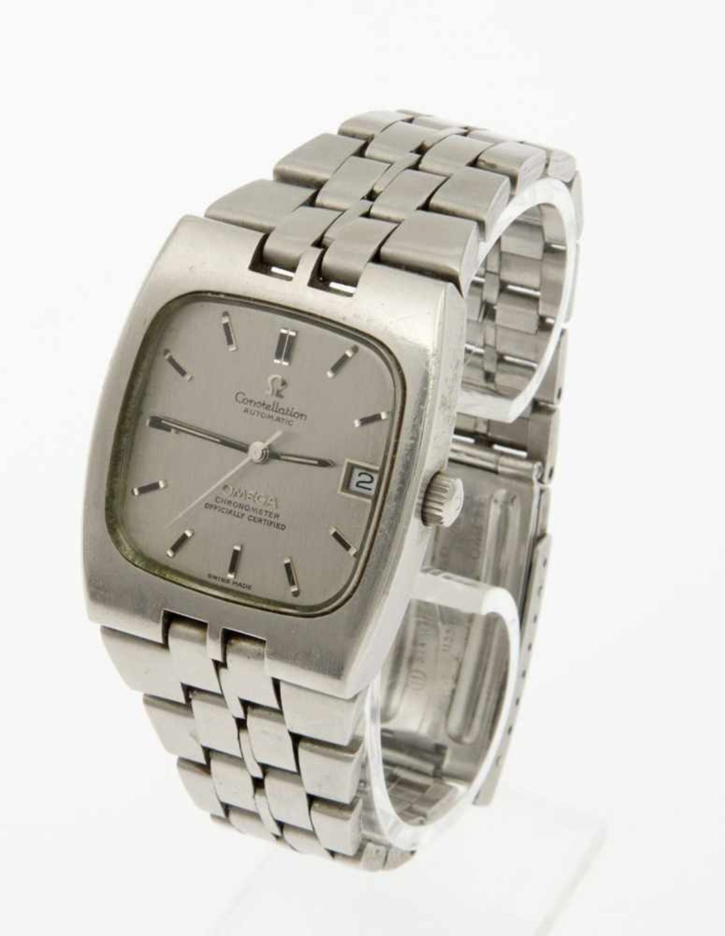 Automatische Omega-Armbanduhr ConstellationGehäuse und Armband aus gebürstetem Stahl. Silberfarbenes