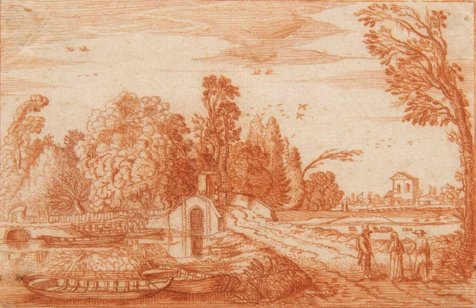 NiederlandeLandschaft mit einer Brücke. Landschaft mit einer Kirchenruine. 2 Rötelzeichn. Bis 13,5 x - Bild 3 aus 3