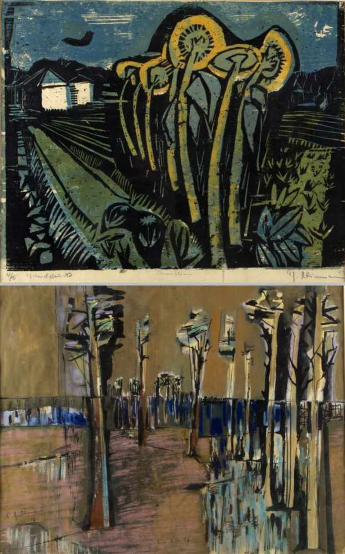 Kliemann, Carl Heinz. 1924 - Berlin - 2016Sonnenblumen. Landschaft mit Bäumen. 2 Bll. versch. Techn.