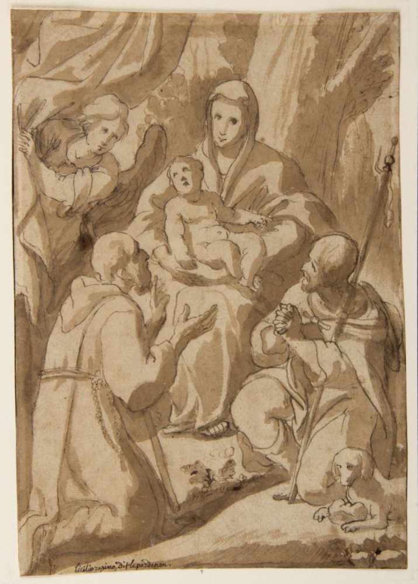 Italien, 17. Jh.Madonna mit dem Kind, Heiligen und einem Engel. Lavierte Tuschfederzeichn. 29,5 x 21