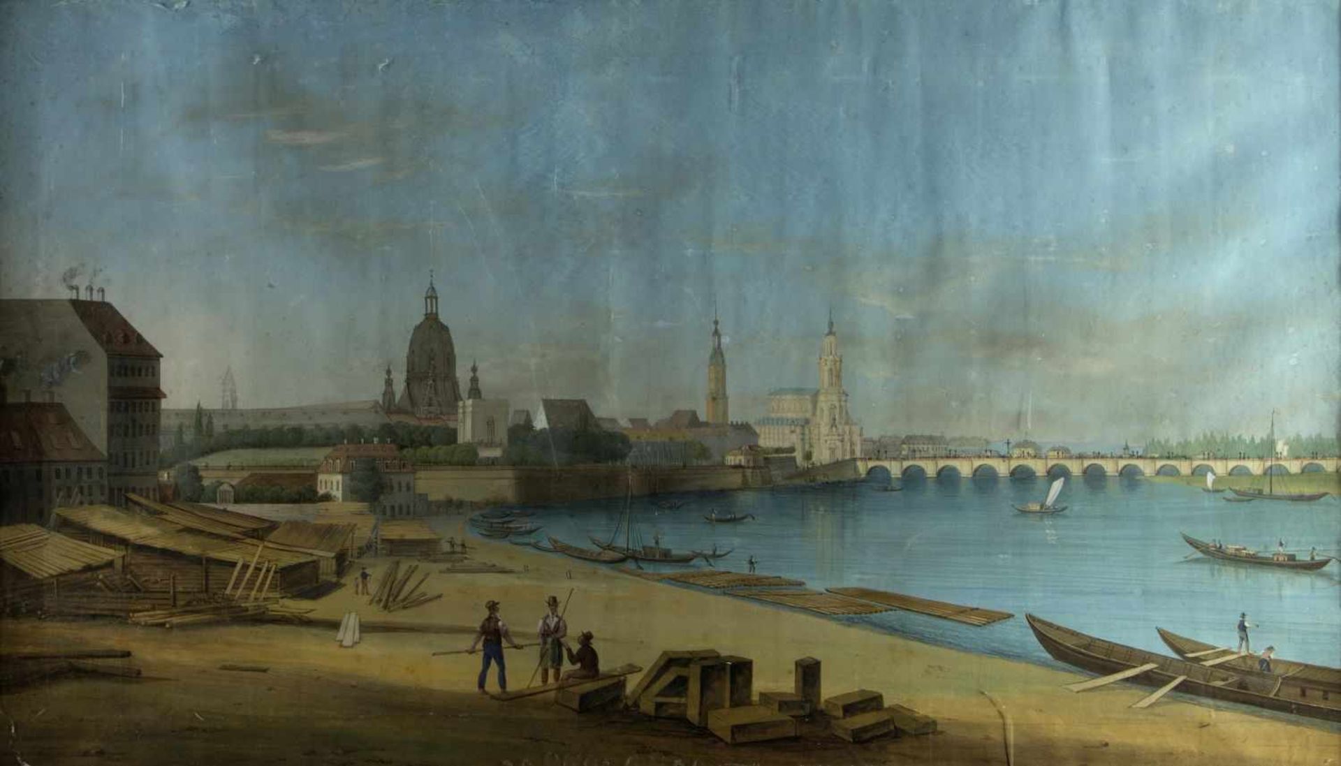 Deutsch, Ende 19. Jh.Ansicht der Altstadt von Dresden. Gouache. 74,5 x 130 cm. Besch., Wasserflecken