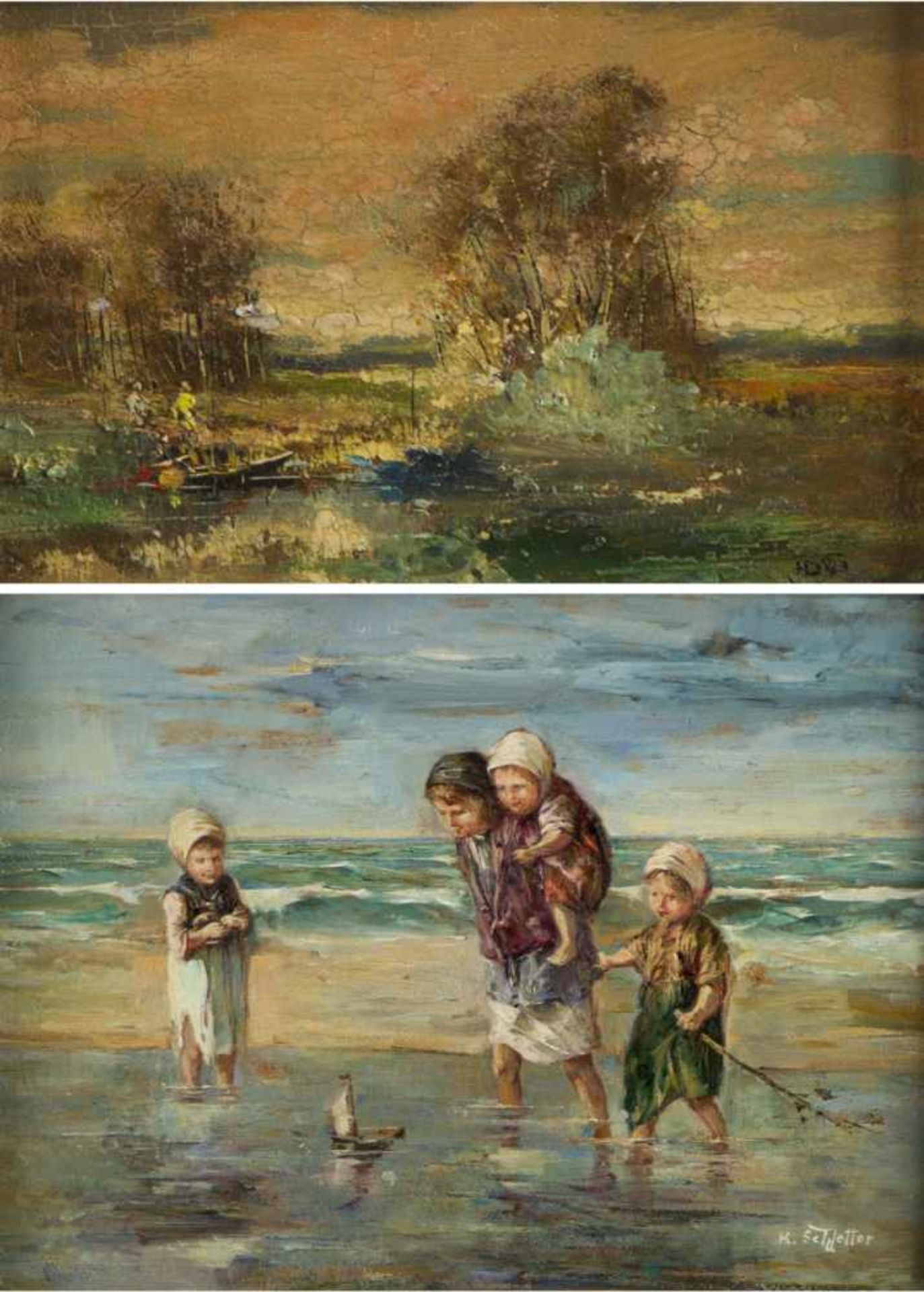 Fischer-Dürnberger, Herbert. Schletter, K.Am Bootsverleih. Spielende Kinder am Meer. 2 Gem. Öl/