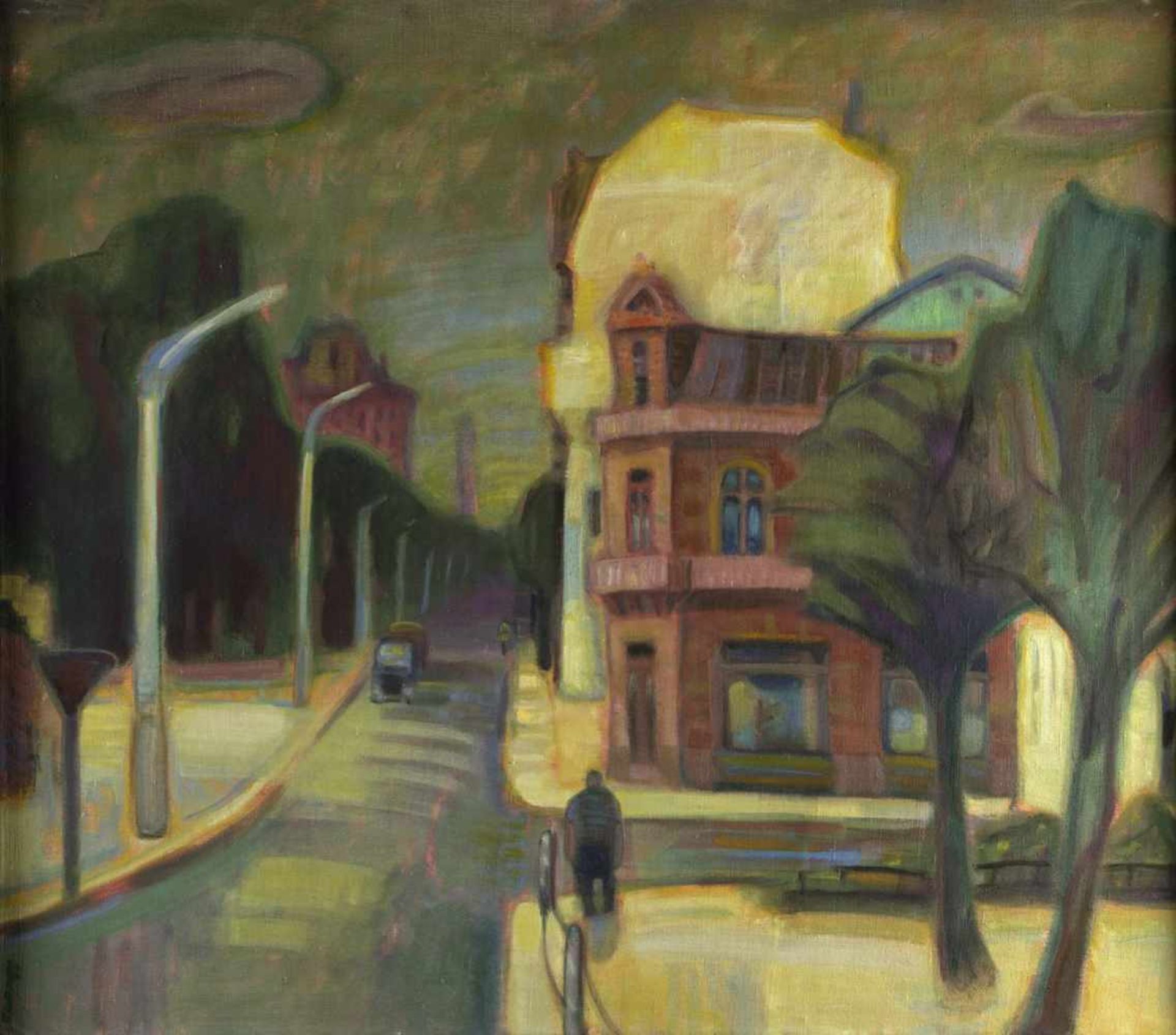 Gottsmann, Werner. 1924 Schöneheide - Potsdam 2004Stadtansicht im Abendlicht. Acryl/Lwd. Sign. 81