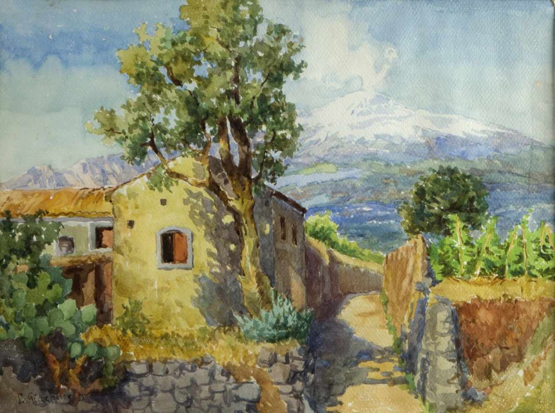 Giachery, Lily. 1907 - 1994Sommerliche Landschaft mit dem Ätna im Hintergrund. Aquarell. Sign. 25