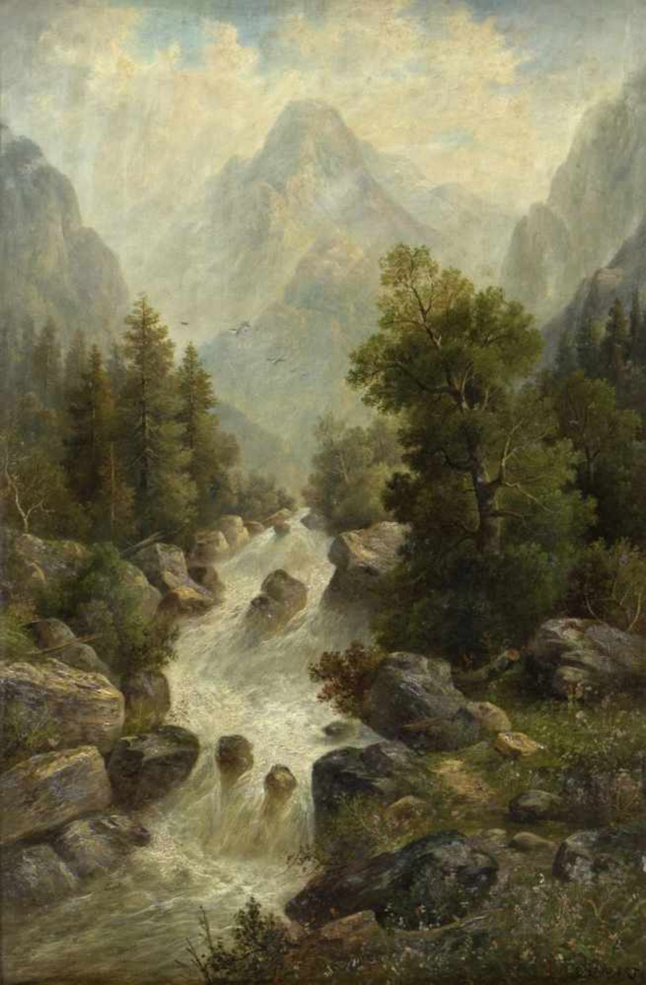 Lambert, B.Gebirgslandschaft mit einem reißenden Bach. Öl/Lwd. Sign. 89,5 x 58 cm. Gerahmt.