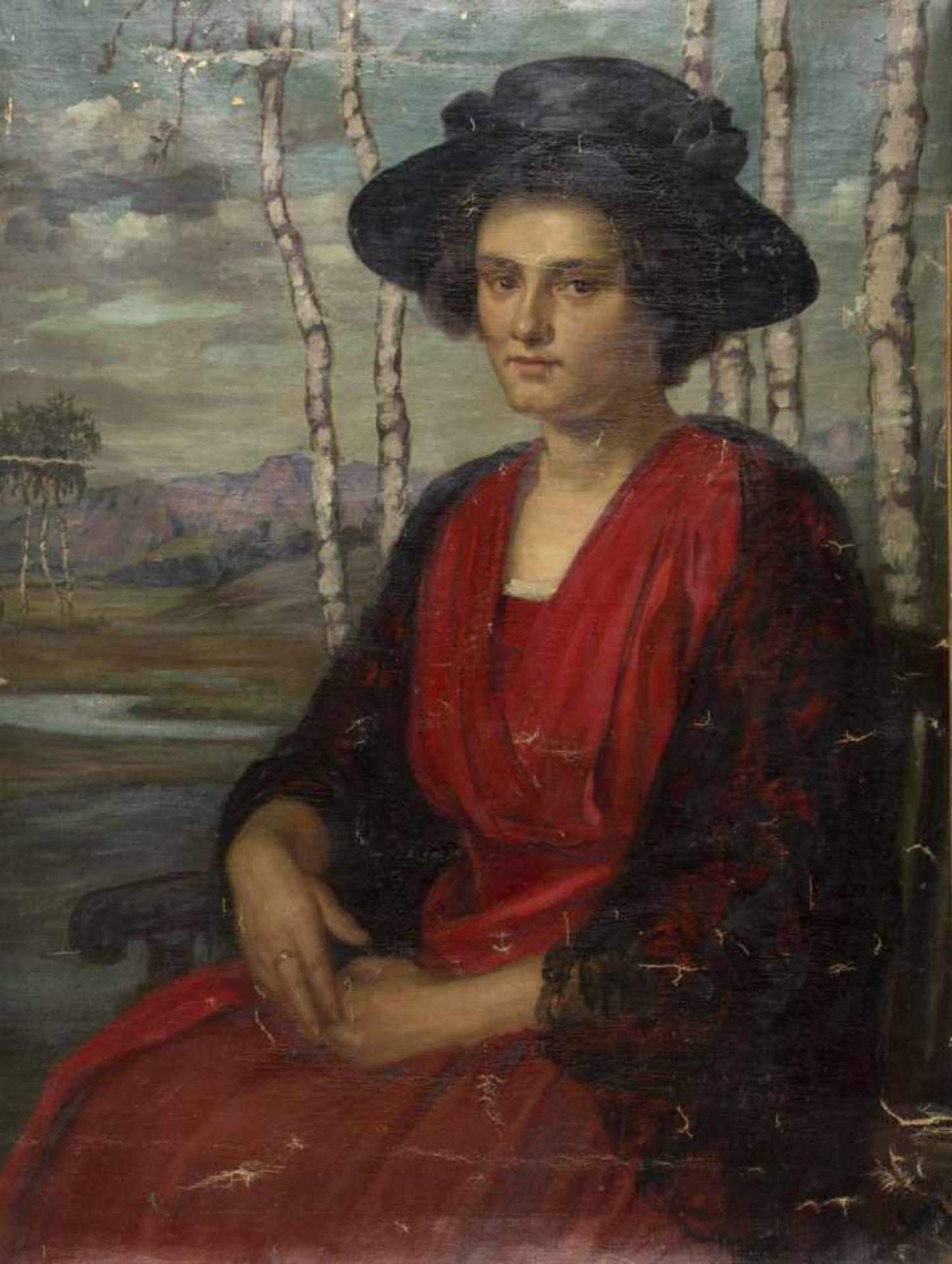LewyBildnis einer sitzenden Frau vor einer Landschaft mit Birken. Öl/Lwd. 101 x 76,5 cm. Stark