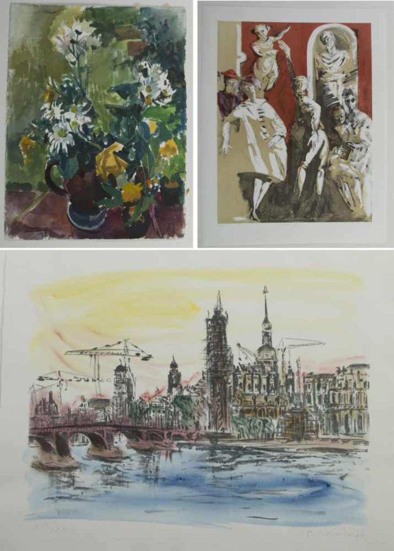 Heindorff, M. Müller-Linow B. Erlebach V. u.a.Ansicht von Dresden. Vase mit Margeriten und Rosen.