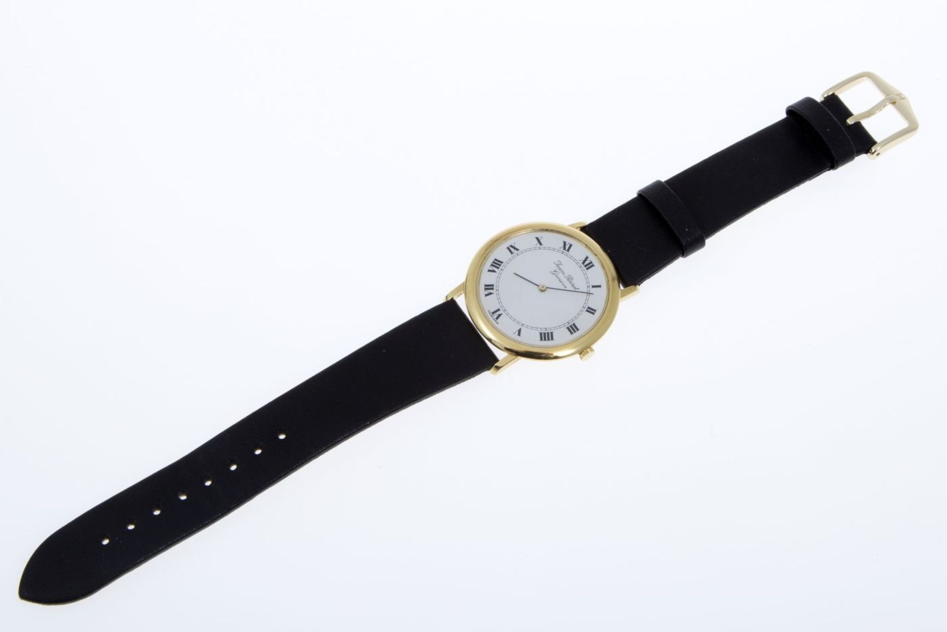 Elegante Armbanduhr von Jean PerretFlaches rundes Gehäuse aus Gelbgold 750. Weißes Zifferblatt mit - Bild 4 aus 4