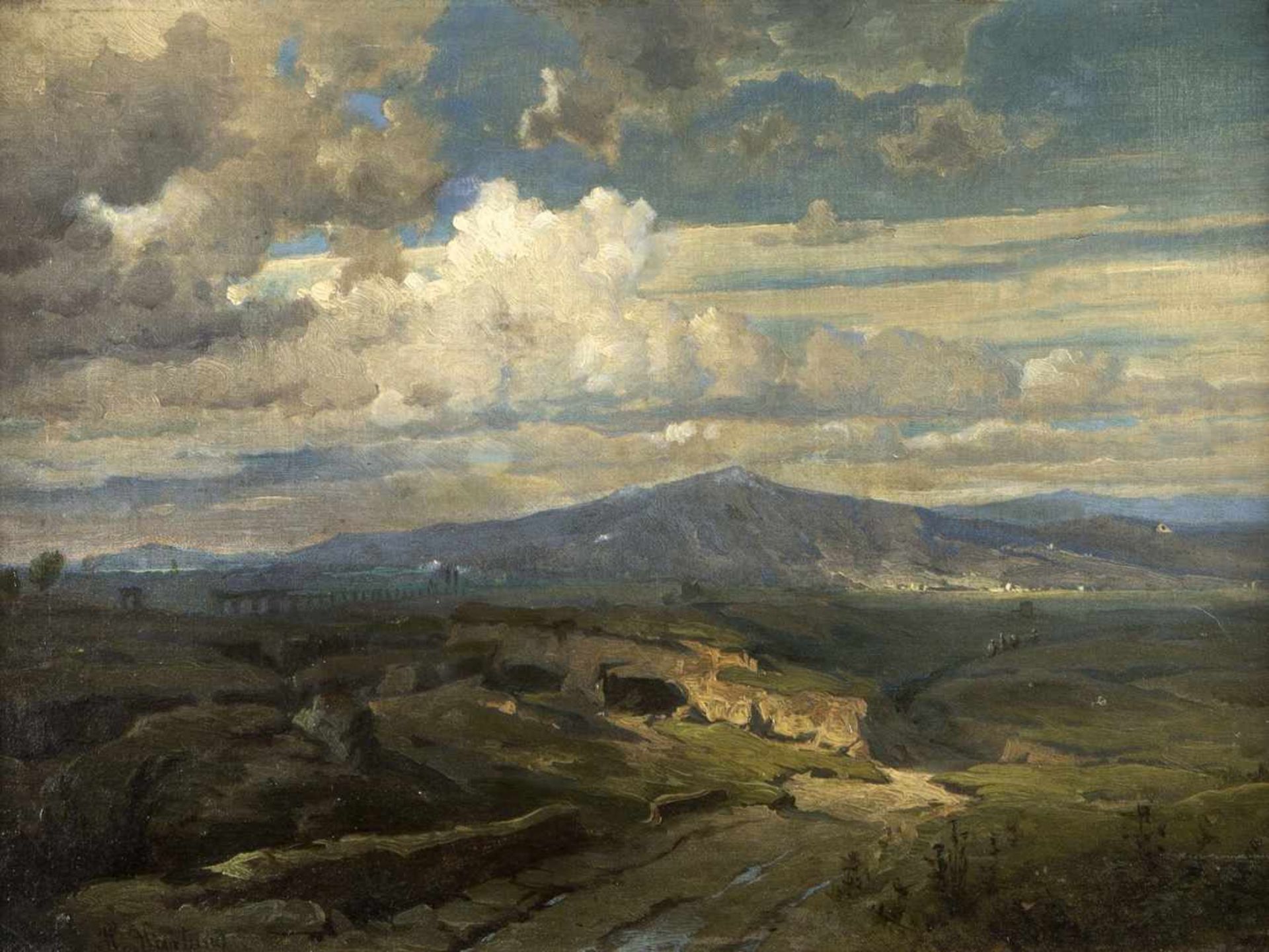 Hartung, Heinrich. 1851 - Koblenz - 1919Italienische Landschaft wohl mit dem Vesuv. Öl/Karton. Sign.