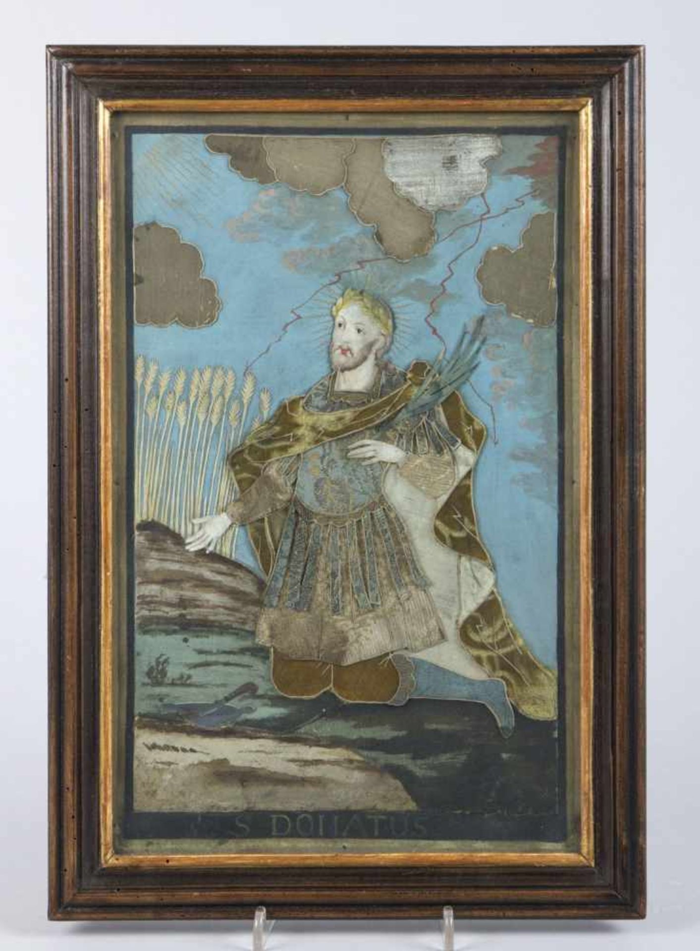 Klosterarbeit "Hl. Donatus"Collage aus Papier und Stoff auf Temperagrund. Darstellung des knienden