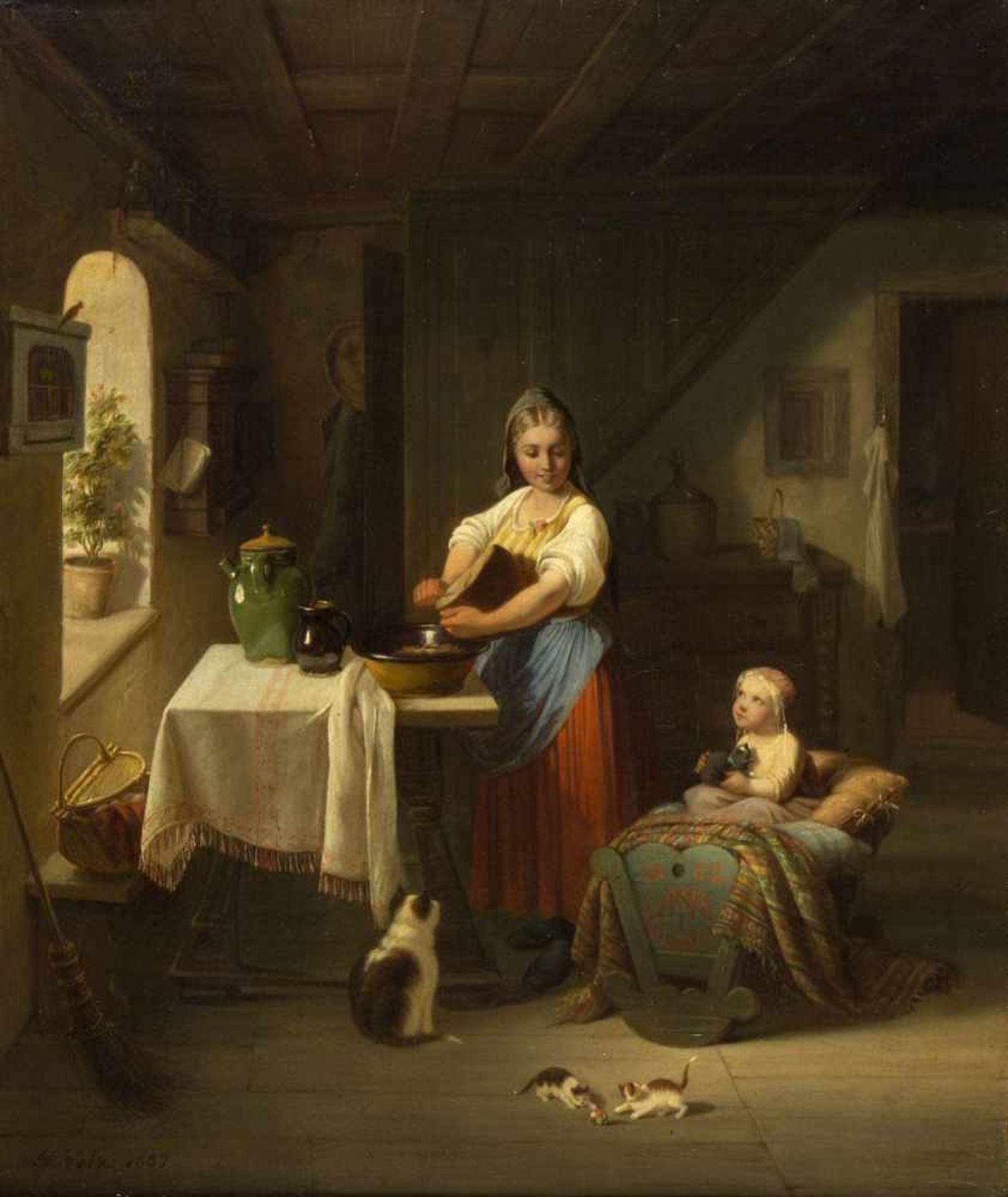 Volz, Hermann. 1814 - Biberach an der Riss - 1894Brot schneidende Bäuerin in der Stube mit ihrem