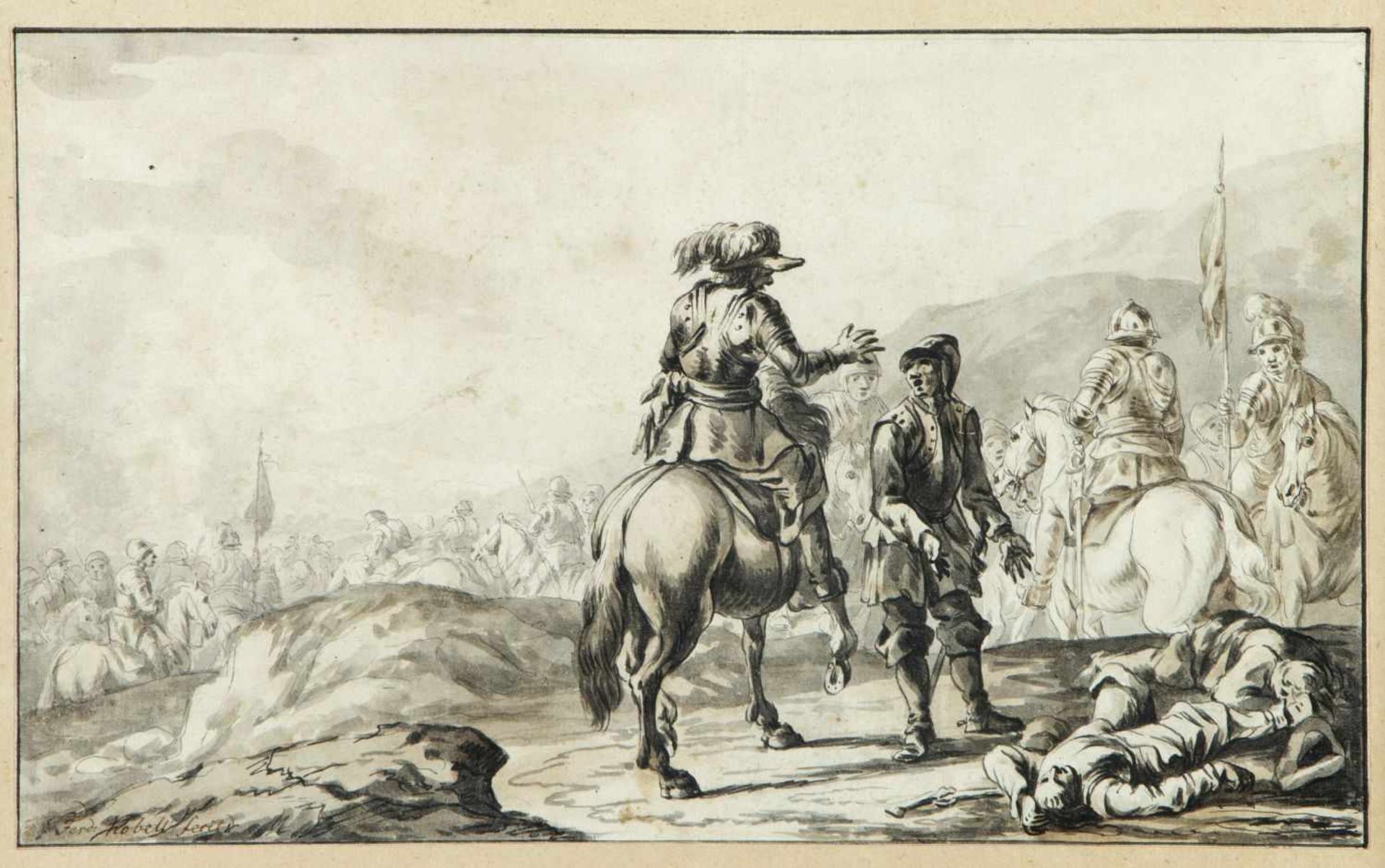Kobell, Ferdinand. 1740 Mannheim - München 1799Szenen auf dem Schlachtfeld. 2 Tuschzeichn. Sign. Bis - Bild 2 aus 3