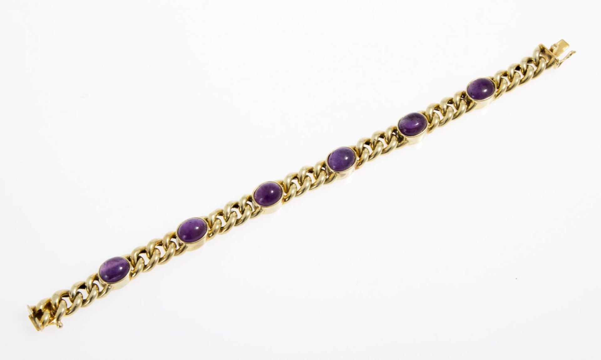 Klassisches Amethyst-Cabochon-PanzerarmbandGelbgold 585. Rundpanzerkette. Ausgefasst mit 6 ovalen - Bild 2 aus 2