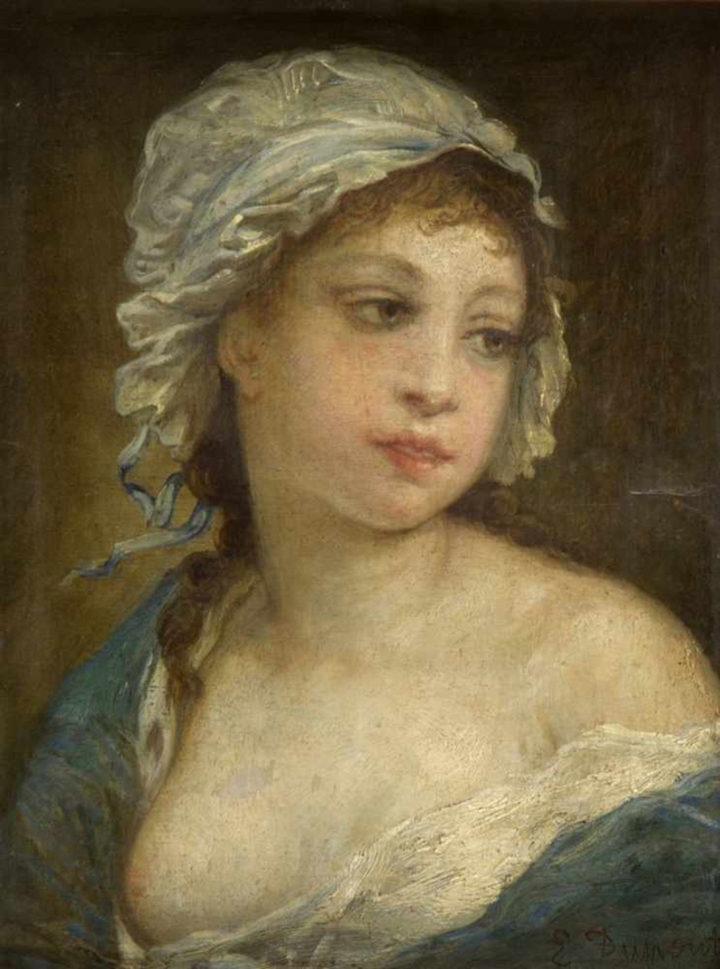 Dupont, Ernest. 1816 - Paris - 1888Portrait einer jungen Frau. Öl/Holz. Sign. 27 x 21 cm.