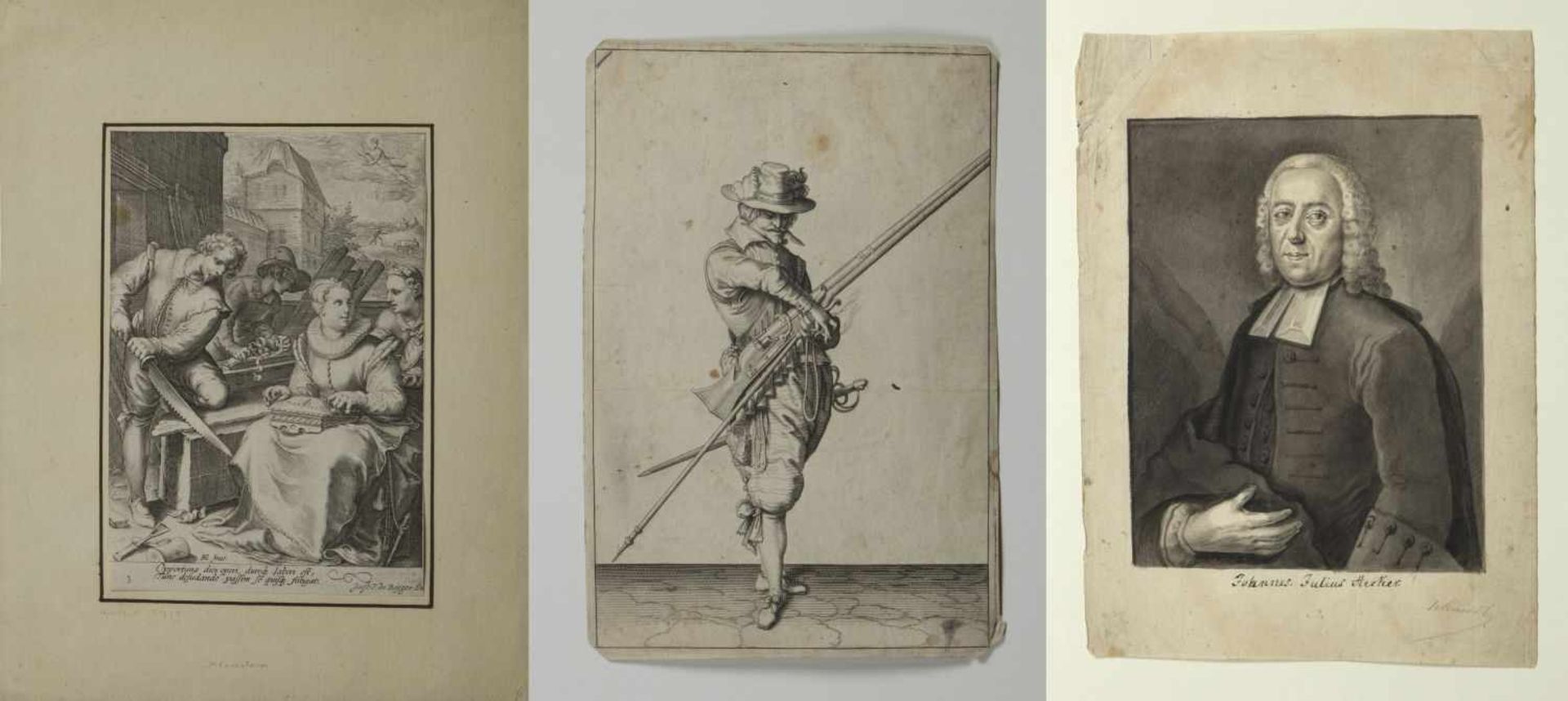 Saenredam u.a.Handwerker. Soldat mit Muskete. Portrait des Julius Hecker. 2 Kupferstiche. 1