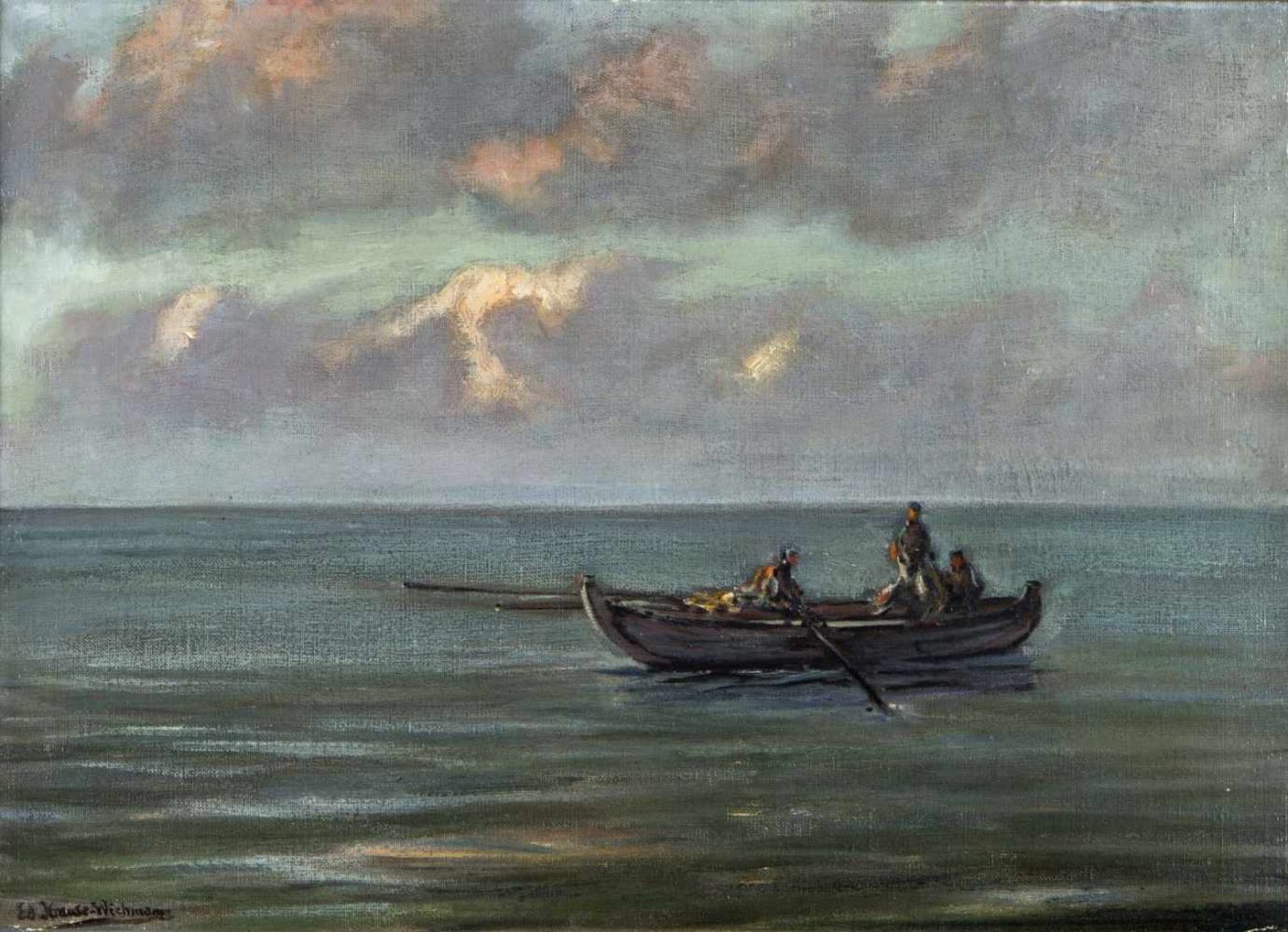 Krause-Wichmann, Eduard. 1864 Pölitz - Dresden 1927Fischerboot im Sonnenuntergang. Öl/Karton.